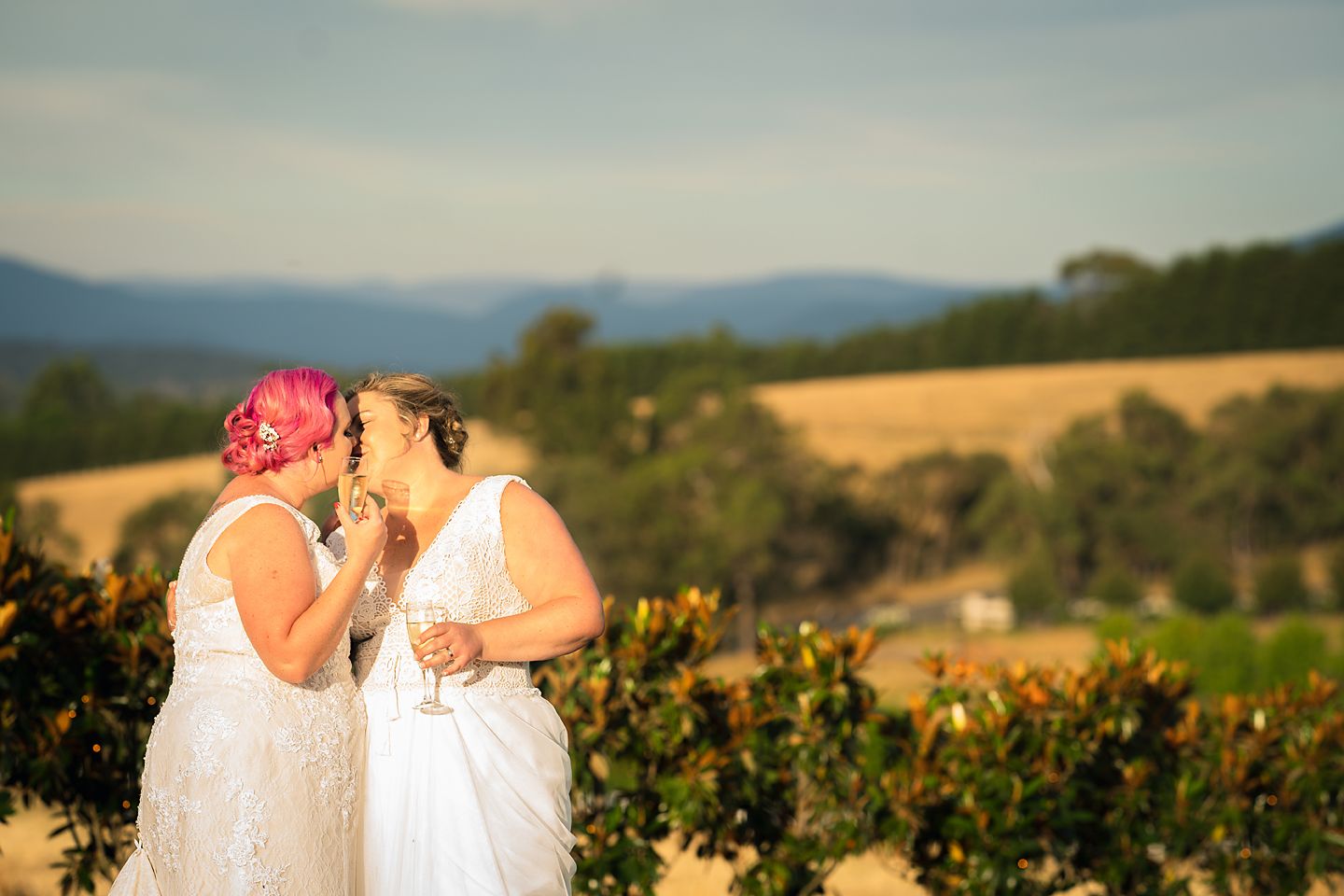 A couple shares a tender moment at sunset in a vineyard with rolling hills and mountains in the background.