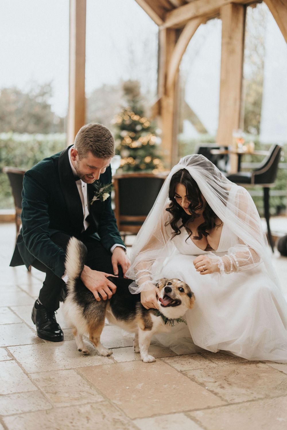 Newlyweds in formal attire pet their happy dog during wedding celebration in rustic venue with Christmas tree in background.