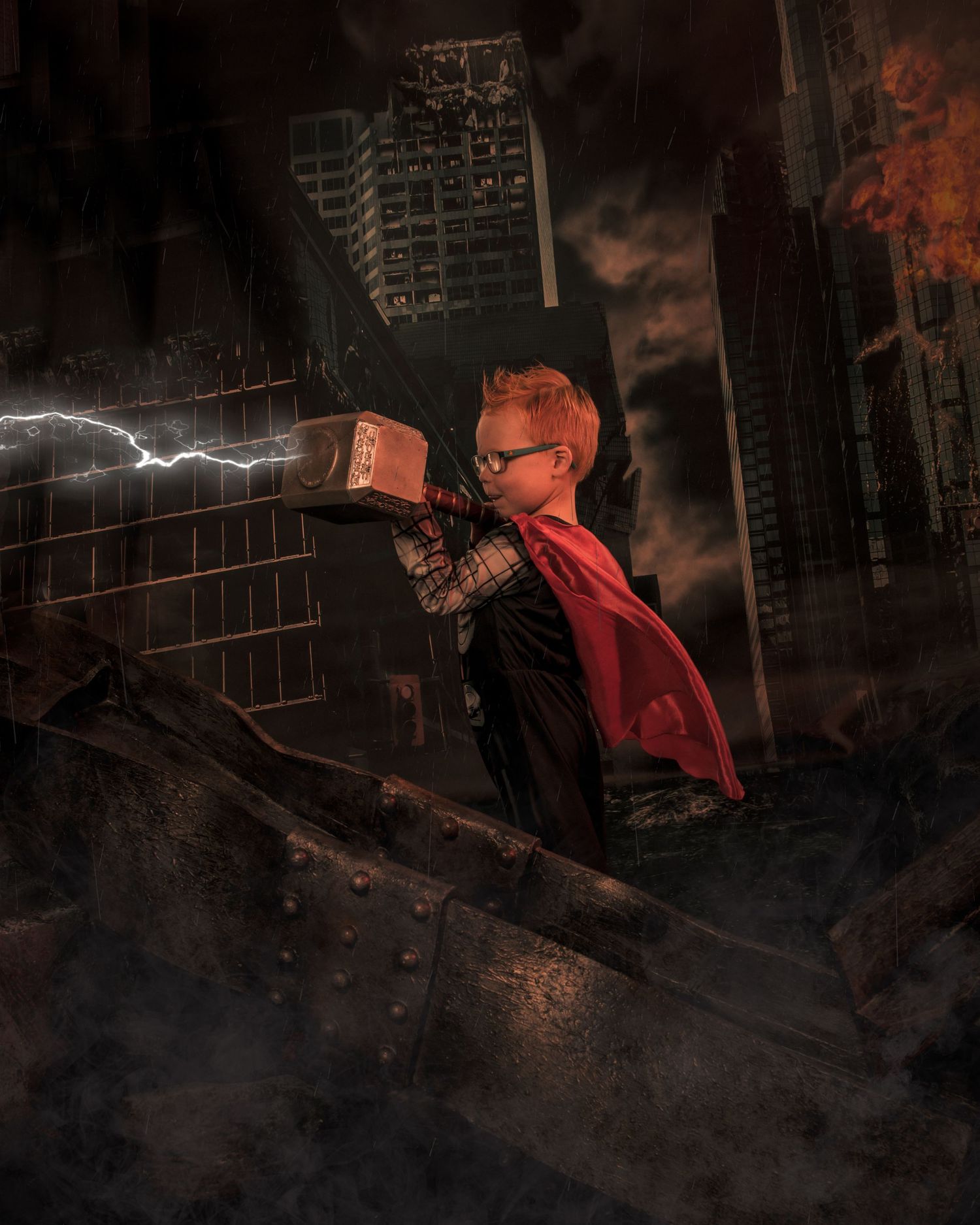 A caped figure wields a glowing weapon against a backdrop of dark skyscrapers and lightning.
