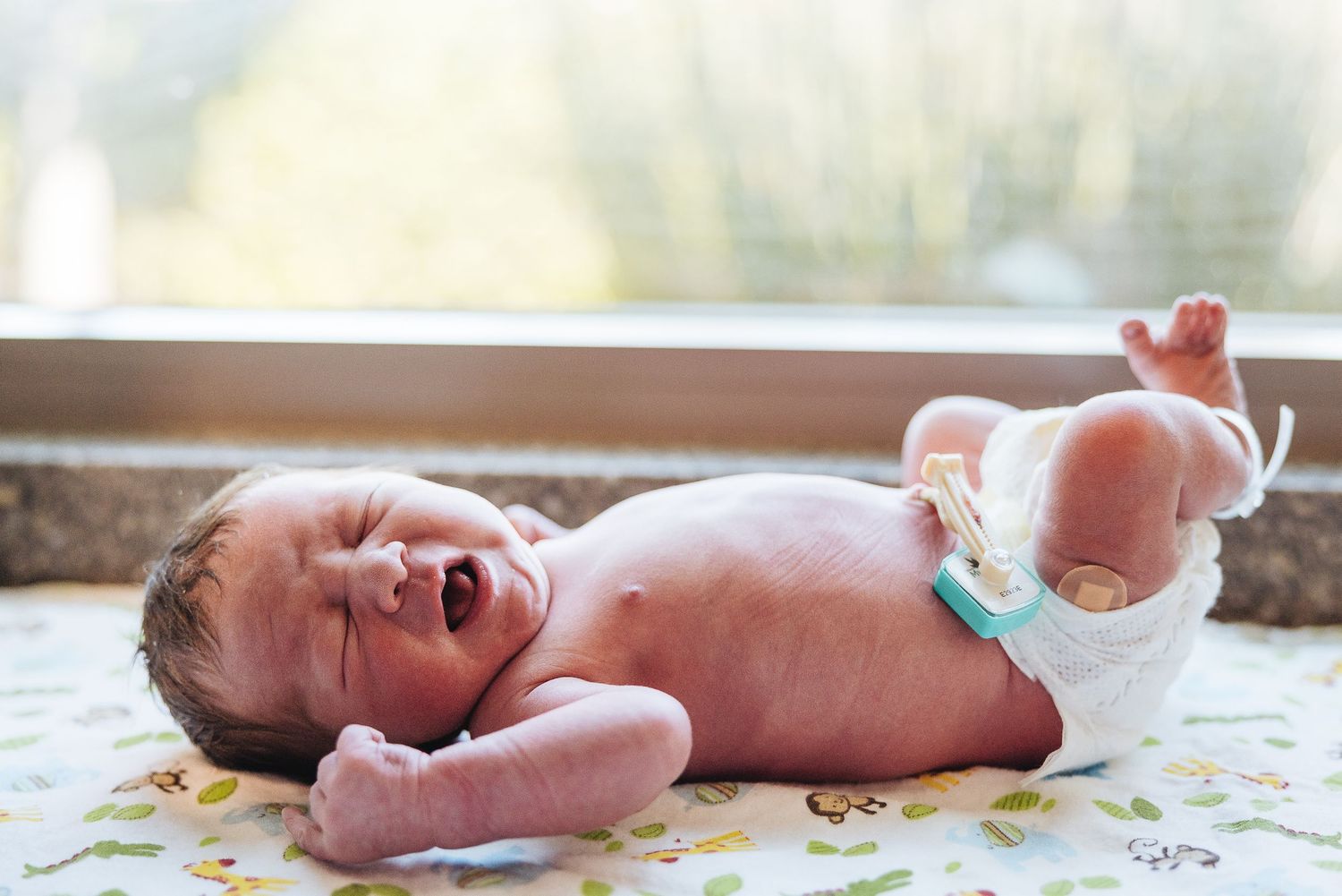 Newborn baby in diaper laying on floral blanket near window with natural light streaming in.