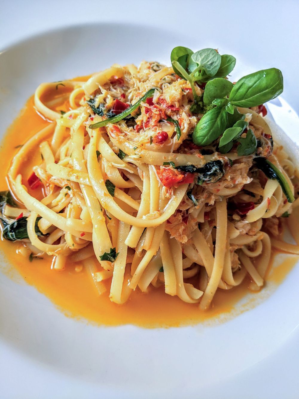 Creamy linguine pasta with tomatoes and fresh basil in white sauce. SIX84 Photography, Event Photography, Sydney
