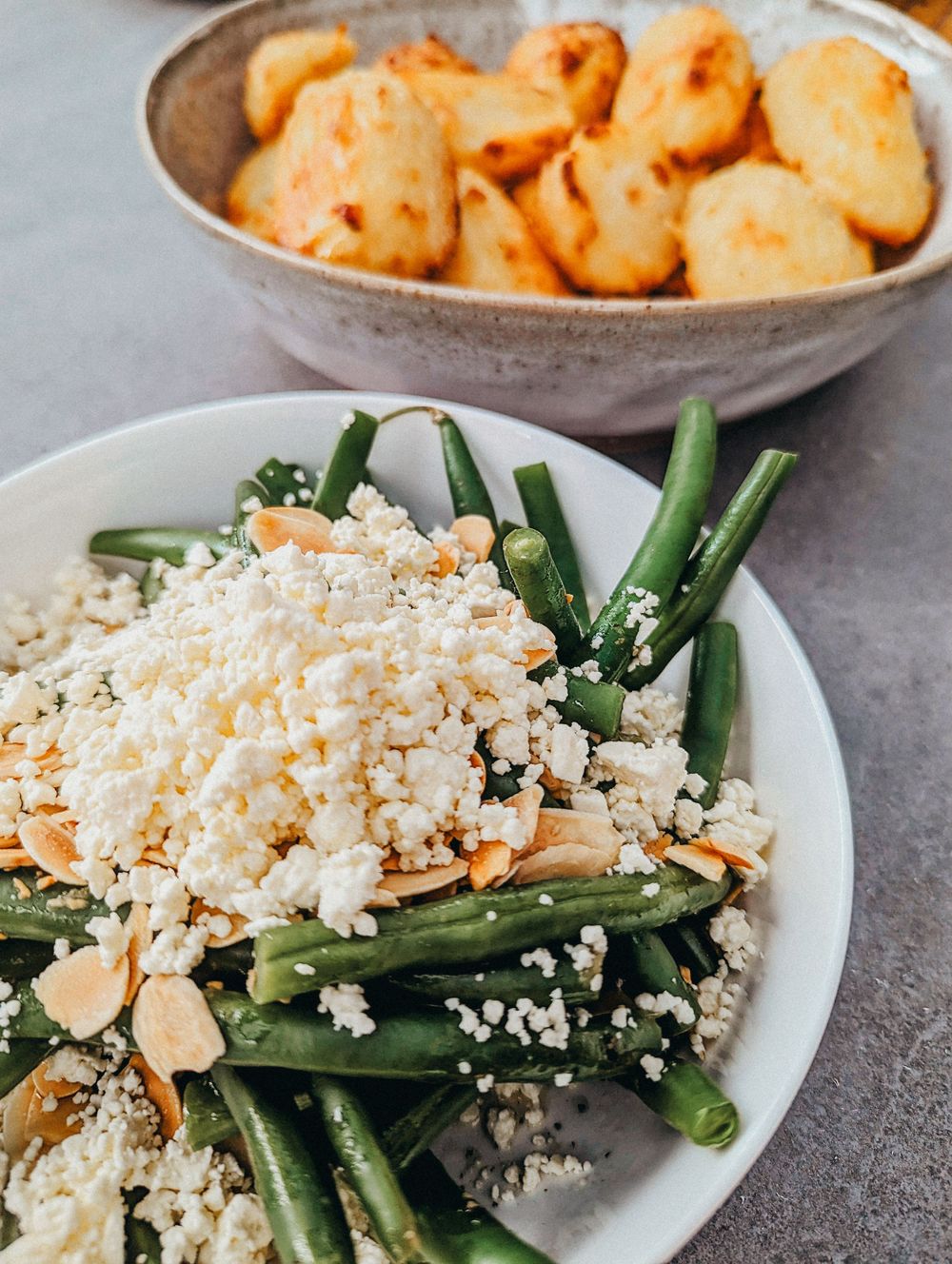 Green beans with crumbled feta cheese and almonds served with crispy chips. SIX84 Photography, Event Photography, Sydney