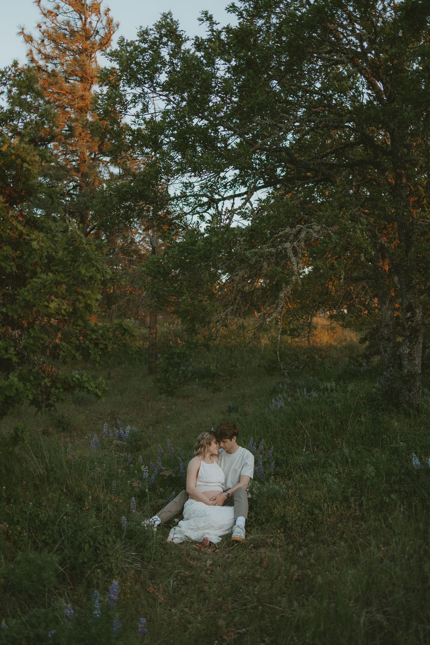 Couple sits intimately together in a grassy meadow at dusk surrounded by autumn trees in soft natural lighting.
