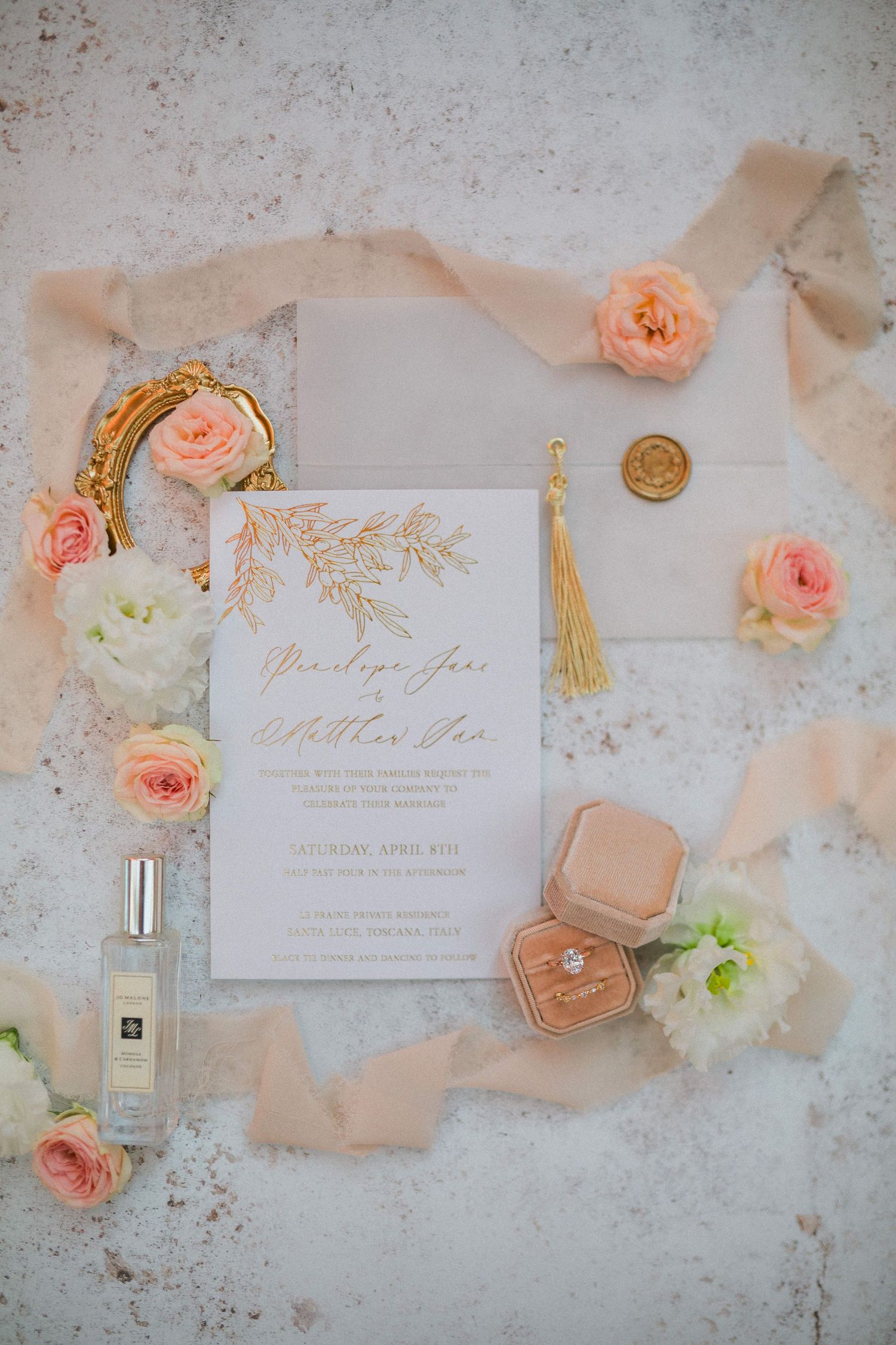Elegant destination Italy wedding invitation styled with peach roses, silk ribbons, Jo Malone and velvet ring box by Hayley Elizabeth Photo