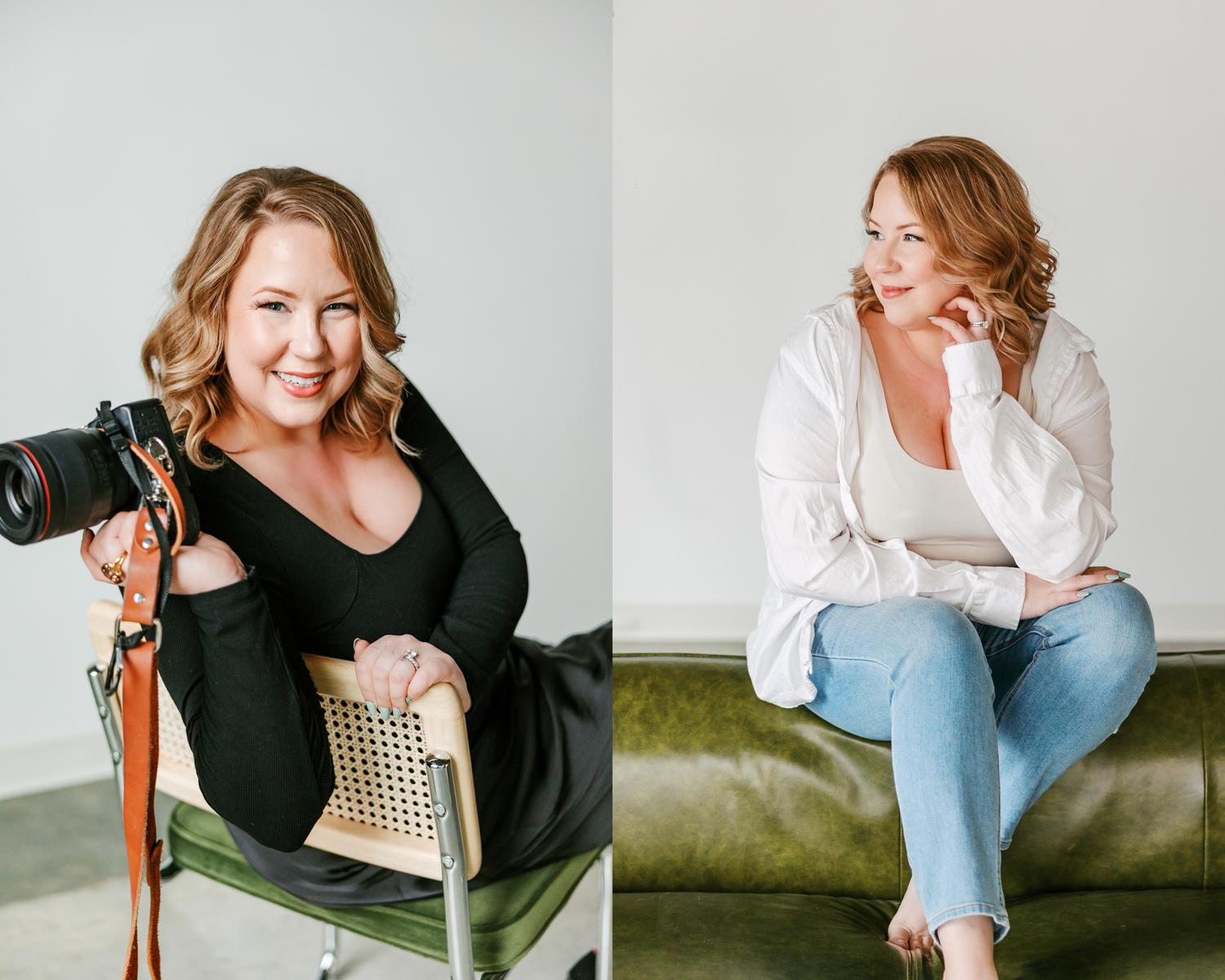 A creative collage of lifestyle portraits showing someone in casual attire sitting and posing on a green couch.