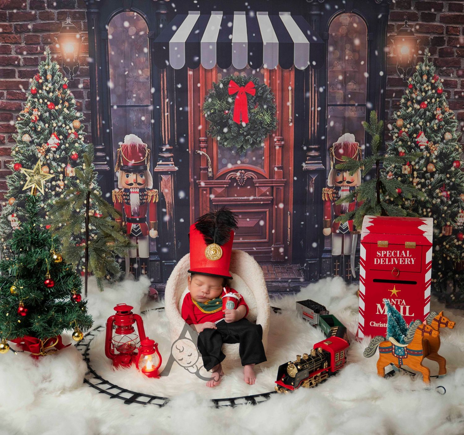 Christmas themed storefront with decorated trees, nutcrackers, and toy train set in snowy scene.
