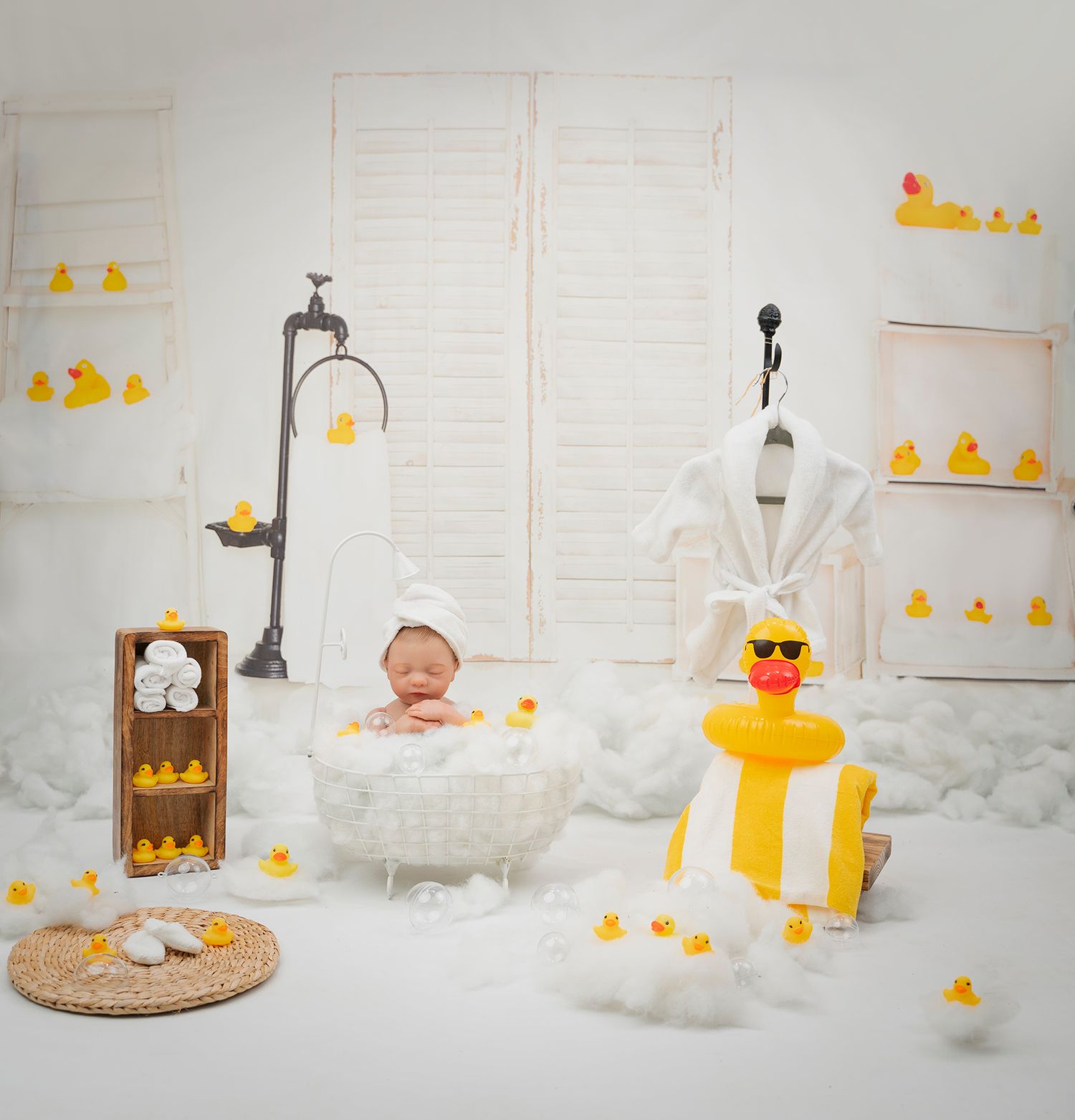 Whimsical rubber duck themed bathroom setup with white shutters and bathtub.