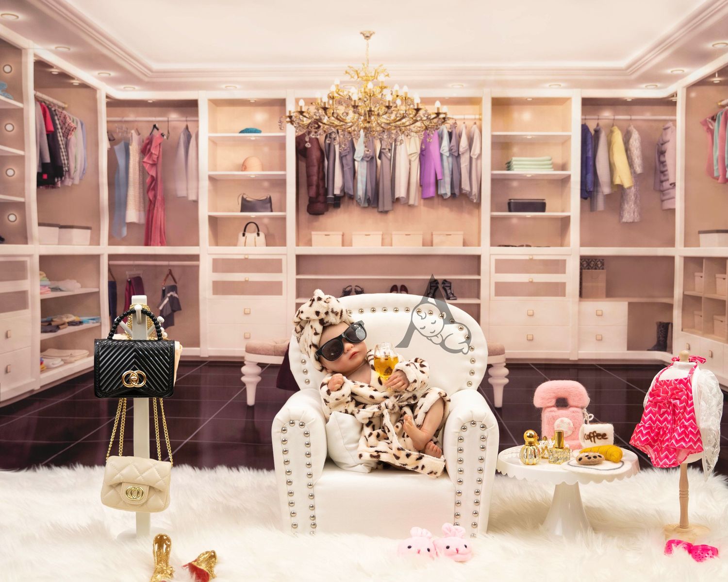 Luxurious walk-in closet with chandelier, designer clothes, and elegant white chair.