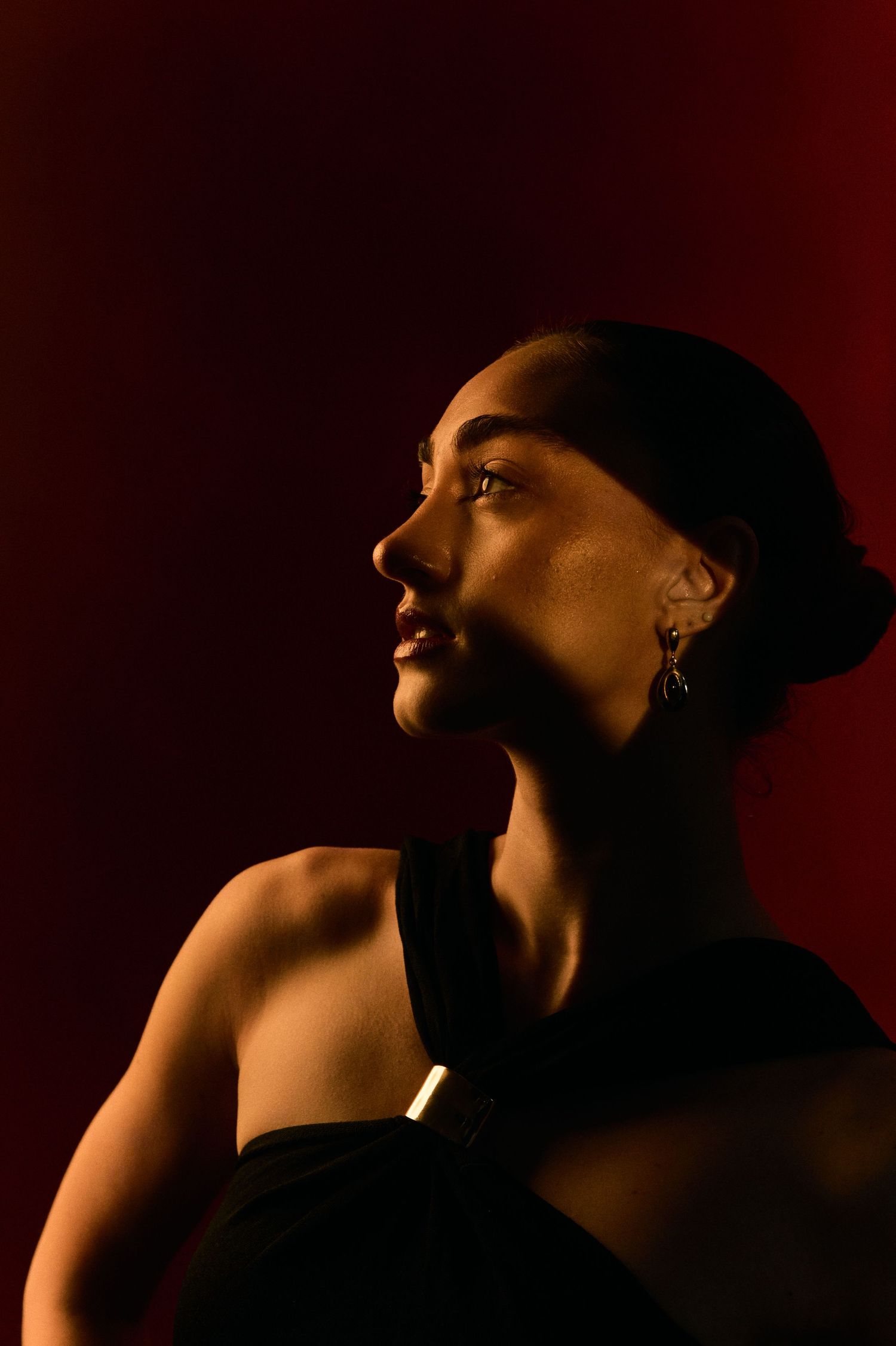 Dramatic side profile portrait in warm lighting against dark background.