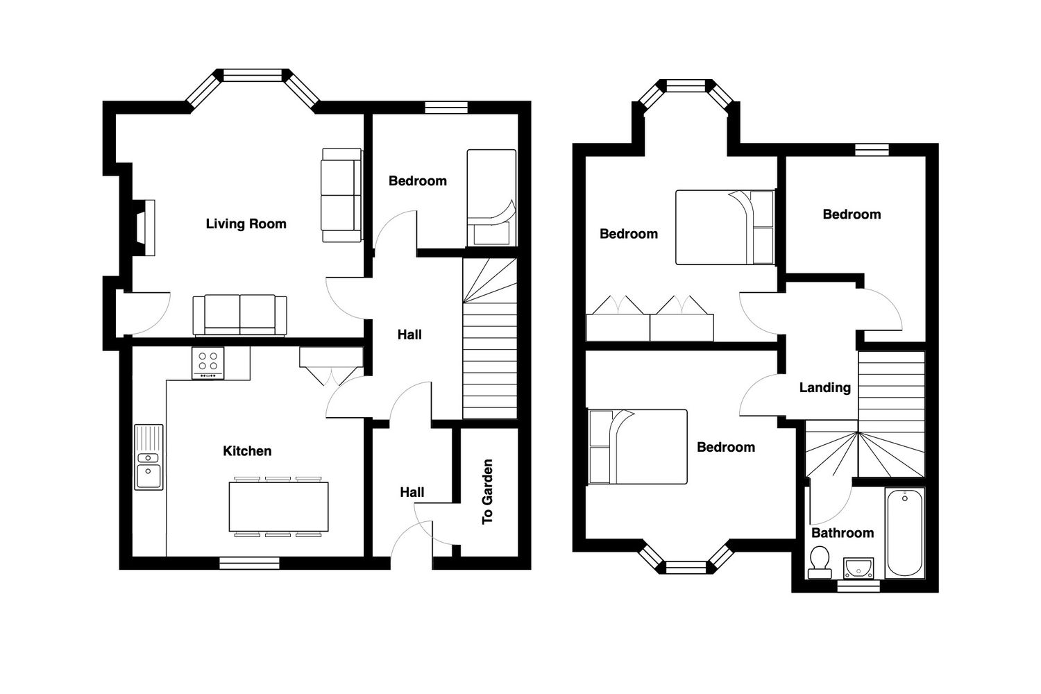 Black and white two-story house floor plan showing living spaces downstairs and three bedrooms upstairs.