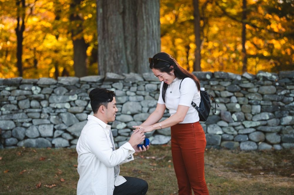 A romantic autumn proposal takes place beside a rustic stone wall with golden fall foliage in the background.
