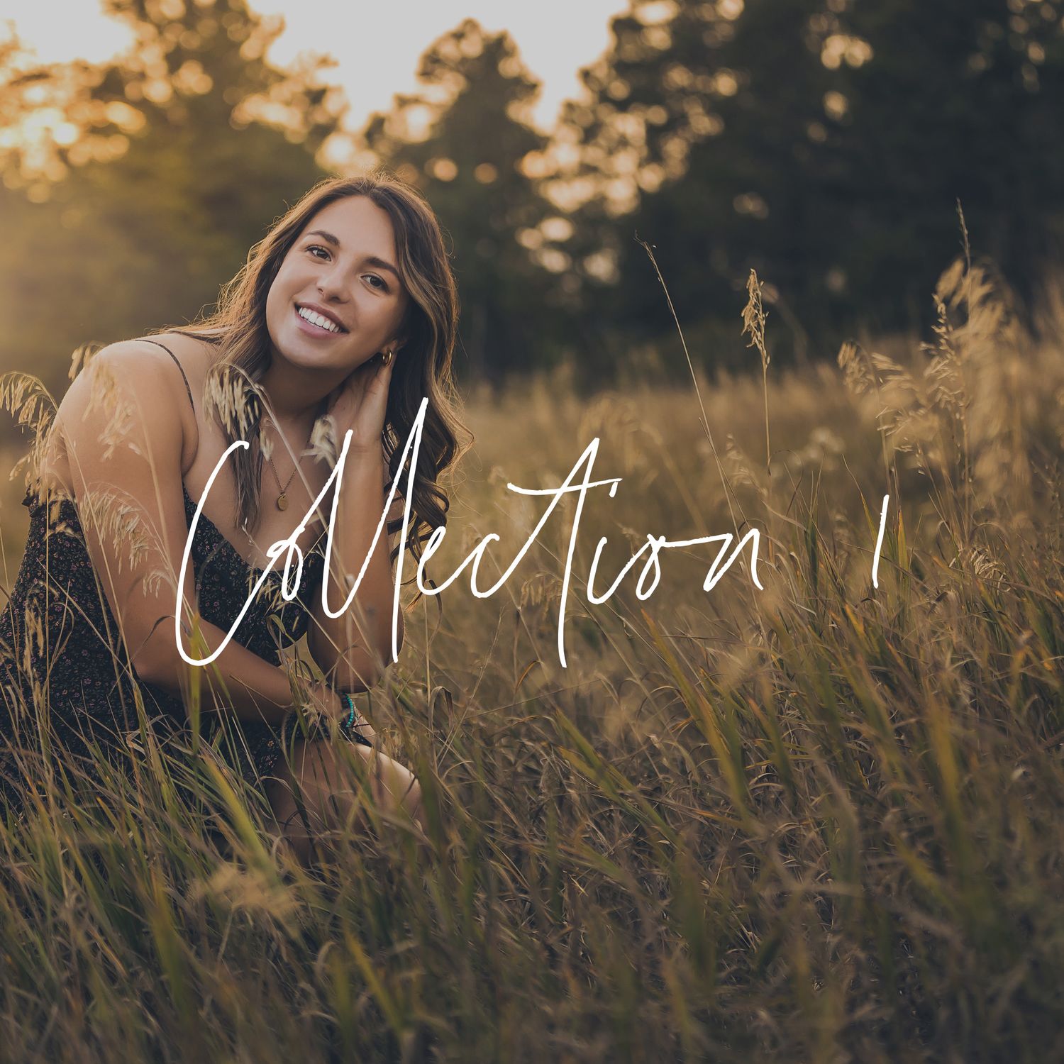 Golden hour portrait in tall grass with handwritten text overlay.