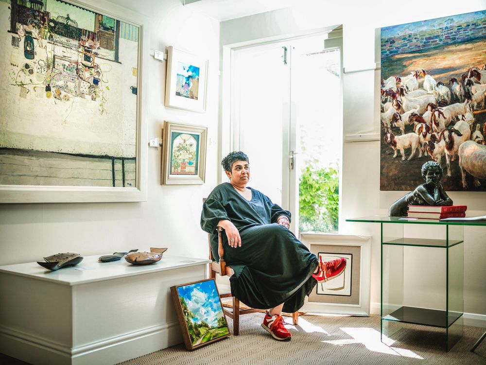 A photo collage shows an indoor environment with various poses on a couch and interior home decor.