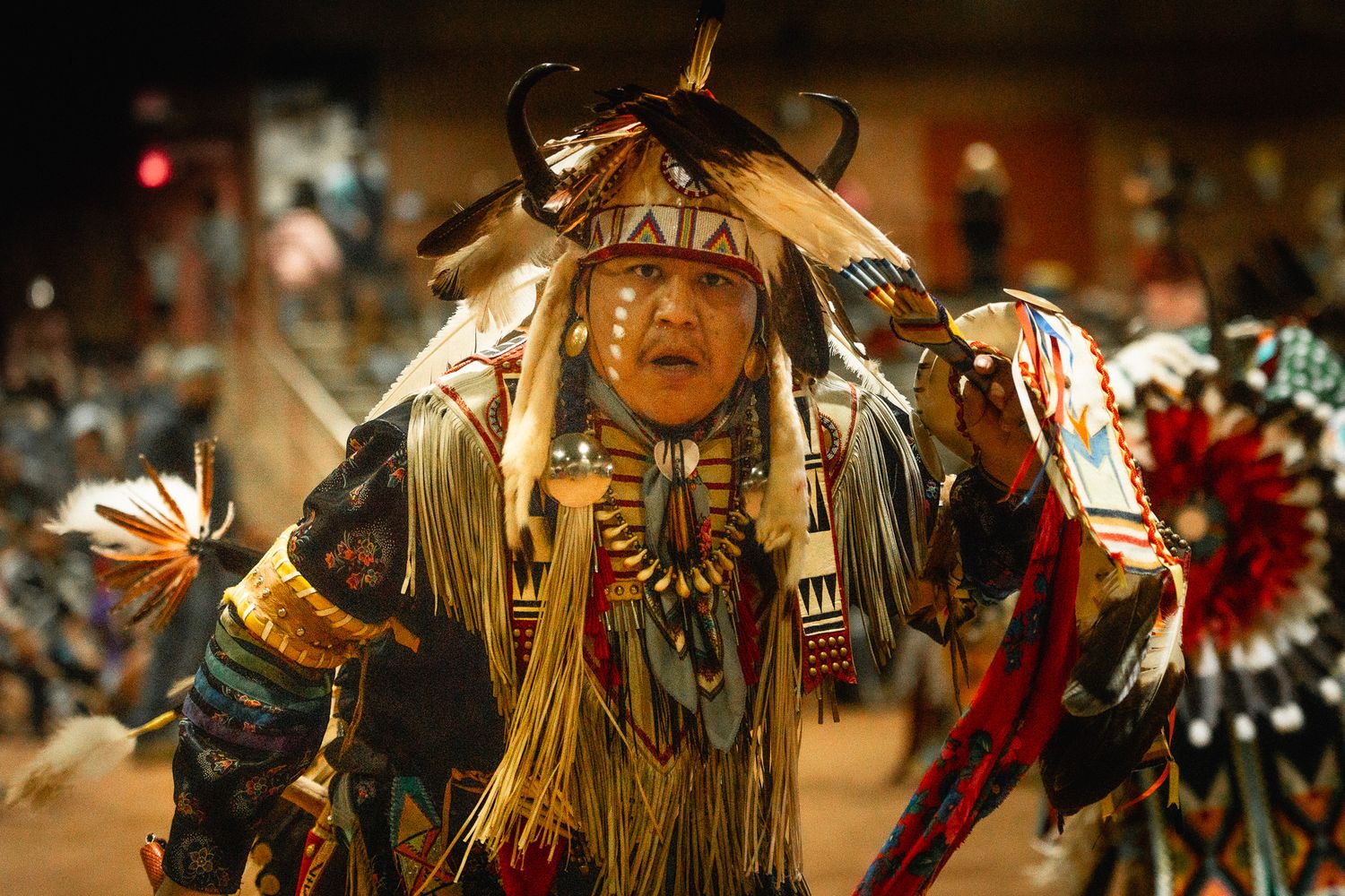 Traditional Native American dancer in ceremonial regalia performing at a cultural event.