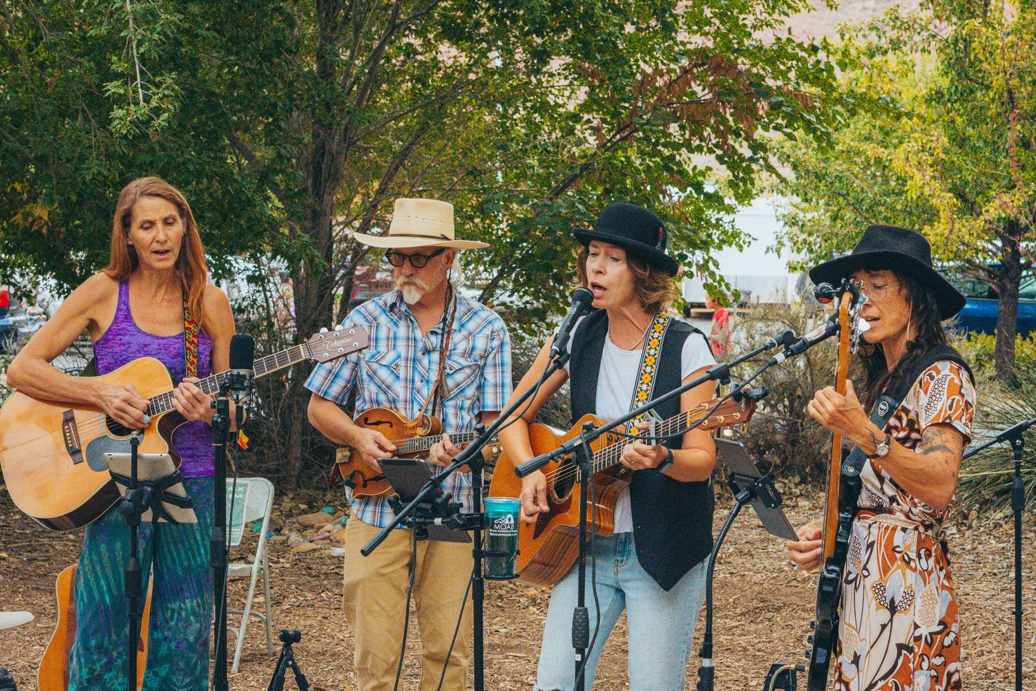 Bluegrass band performs with acoustic instruments at an outdoor festival setting.