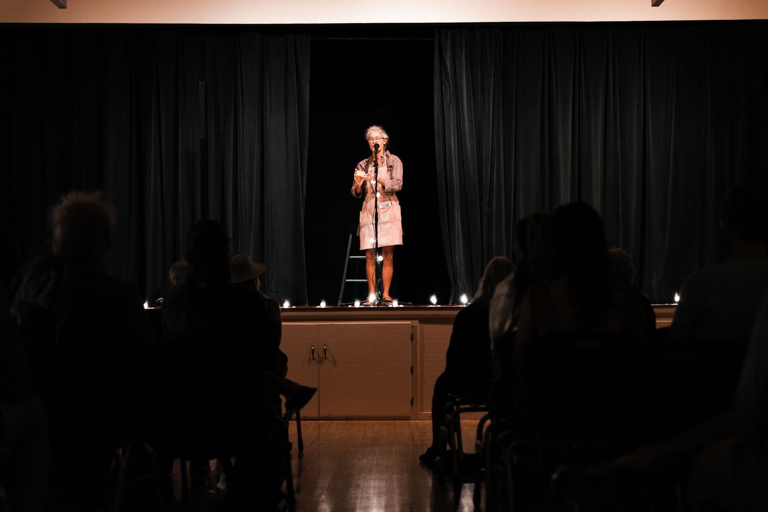 Dimly lit stage performance with dramatic spotlighting and silhouetted audience members.