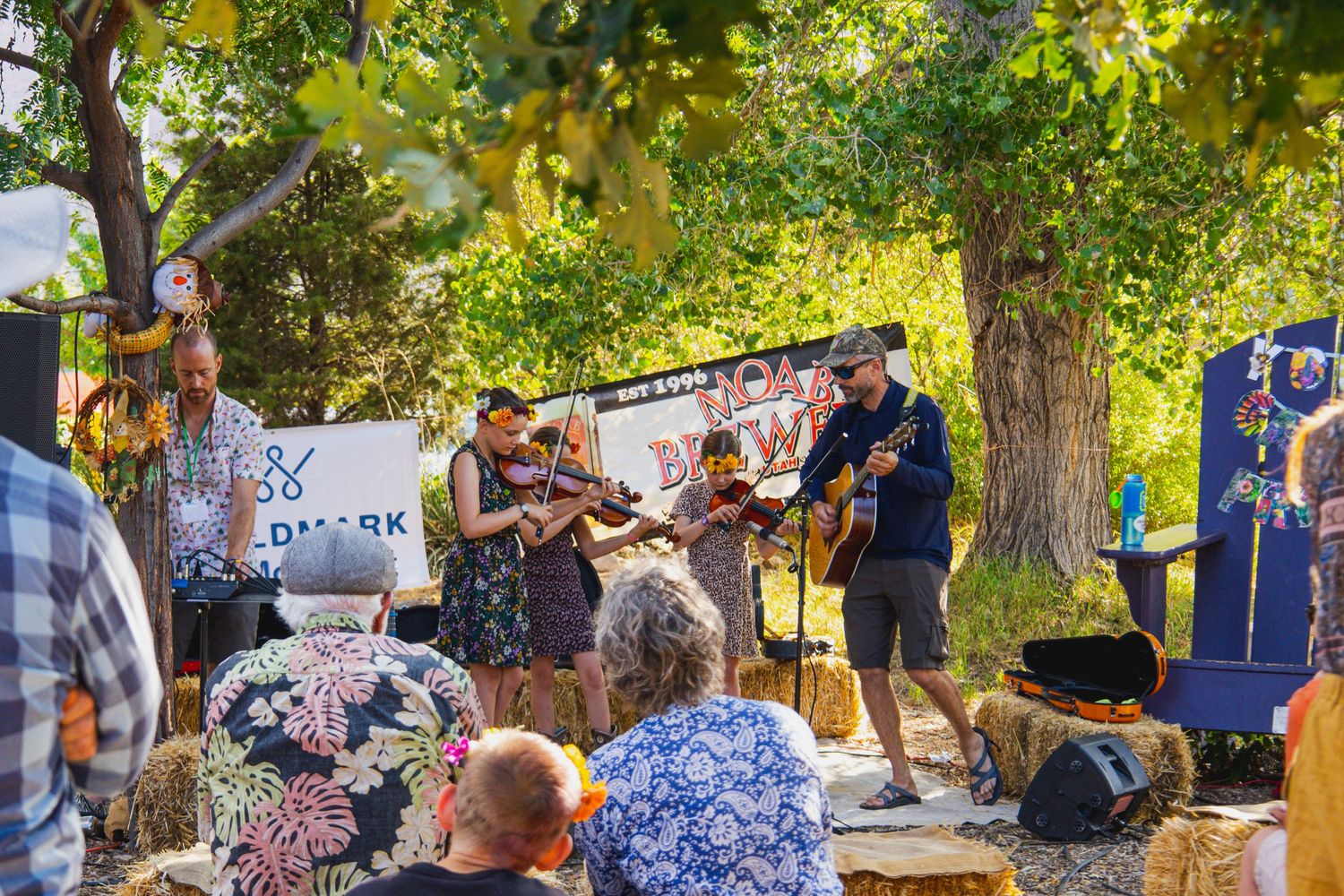 Musicians performing outdoors at a community event with crowd sitting on lawn.