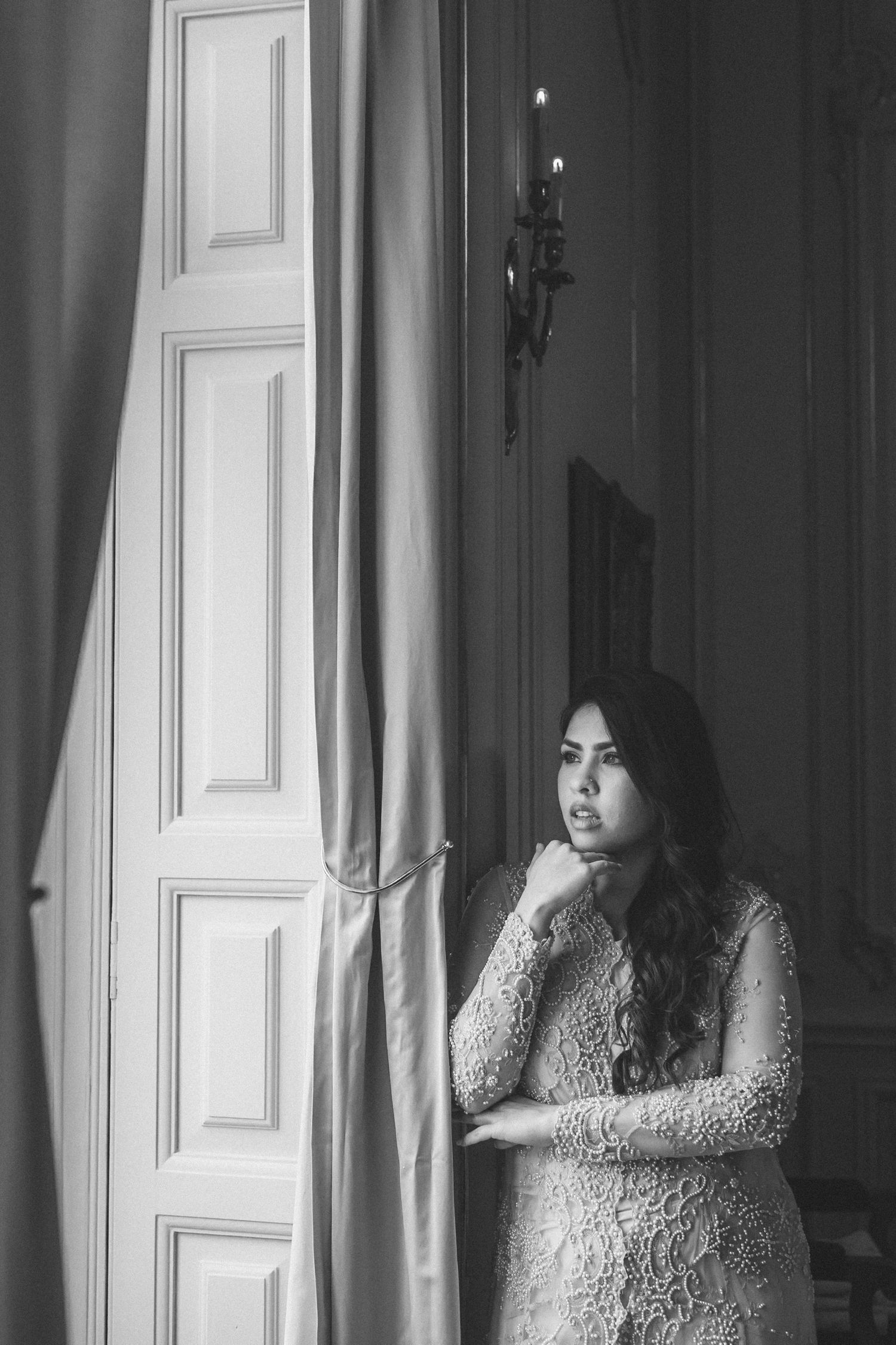 Editorial-style Indian engagement session in Pestana palace, Portugal with royal interiors and elegant styling