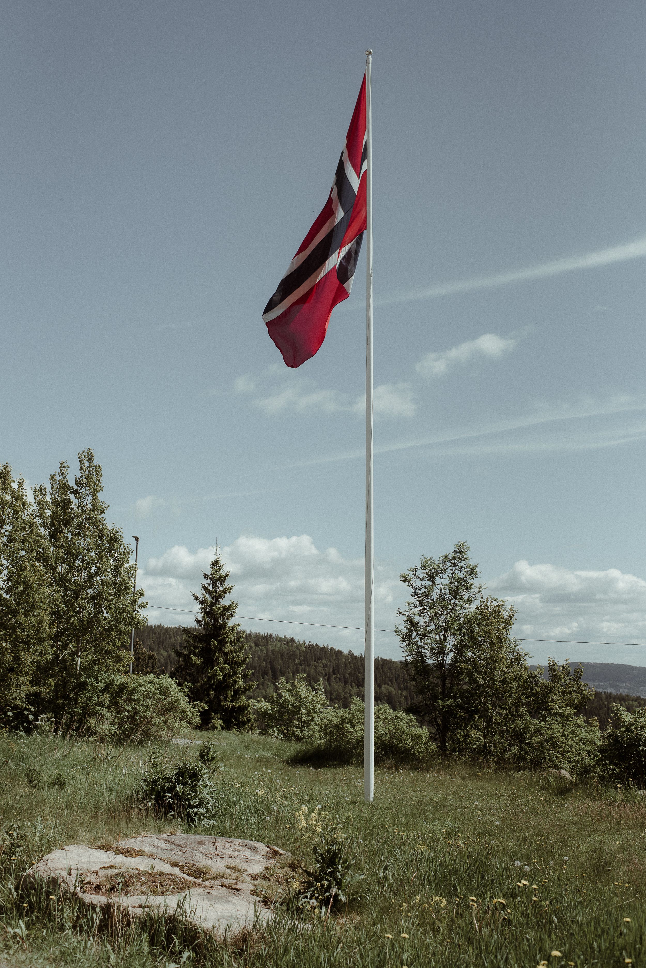Norwegian flag flying high on a tall pole against a summer mountain landscape.