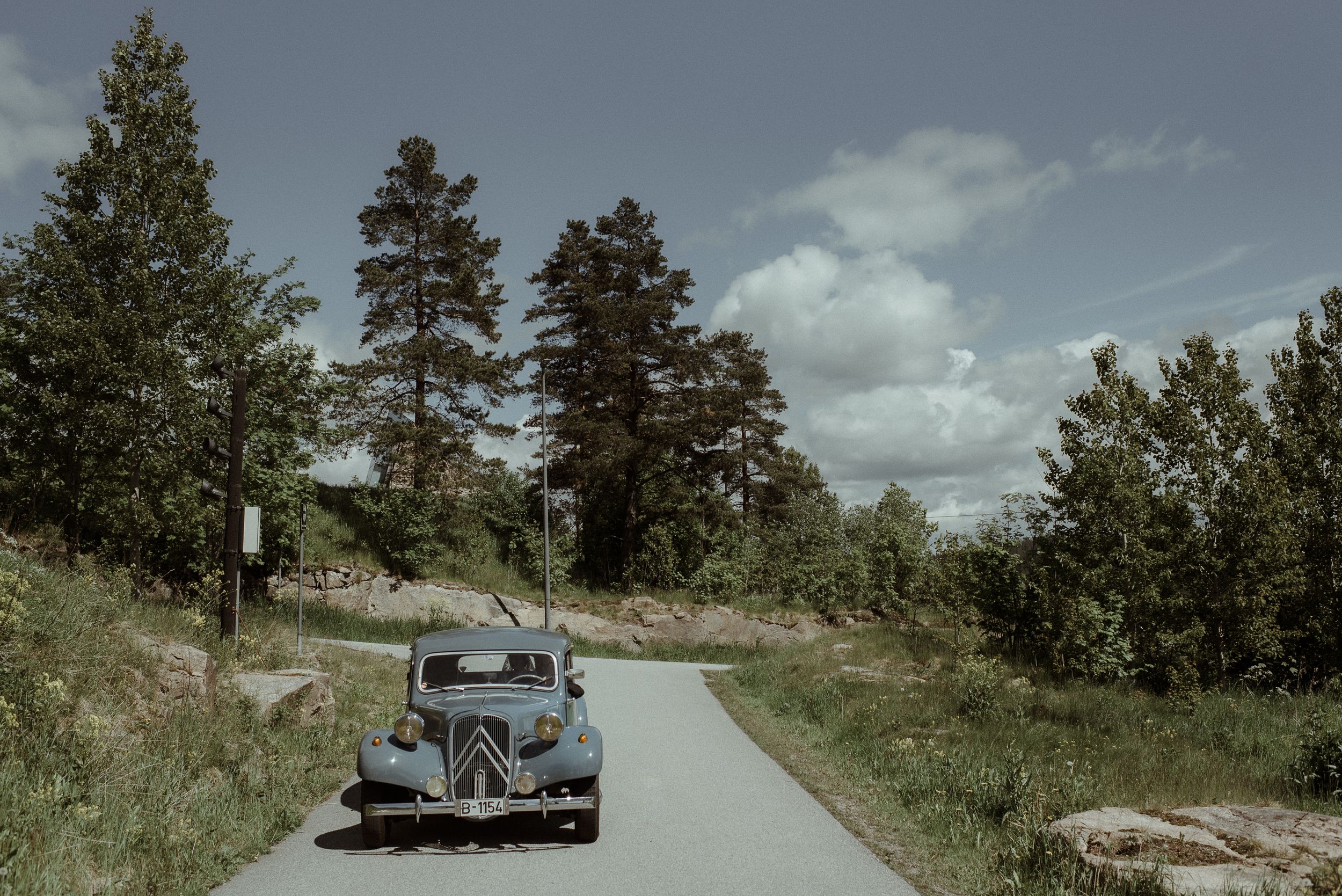 Vintage car driving along a rural mountain road surrounded by pine trees.