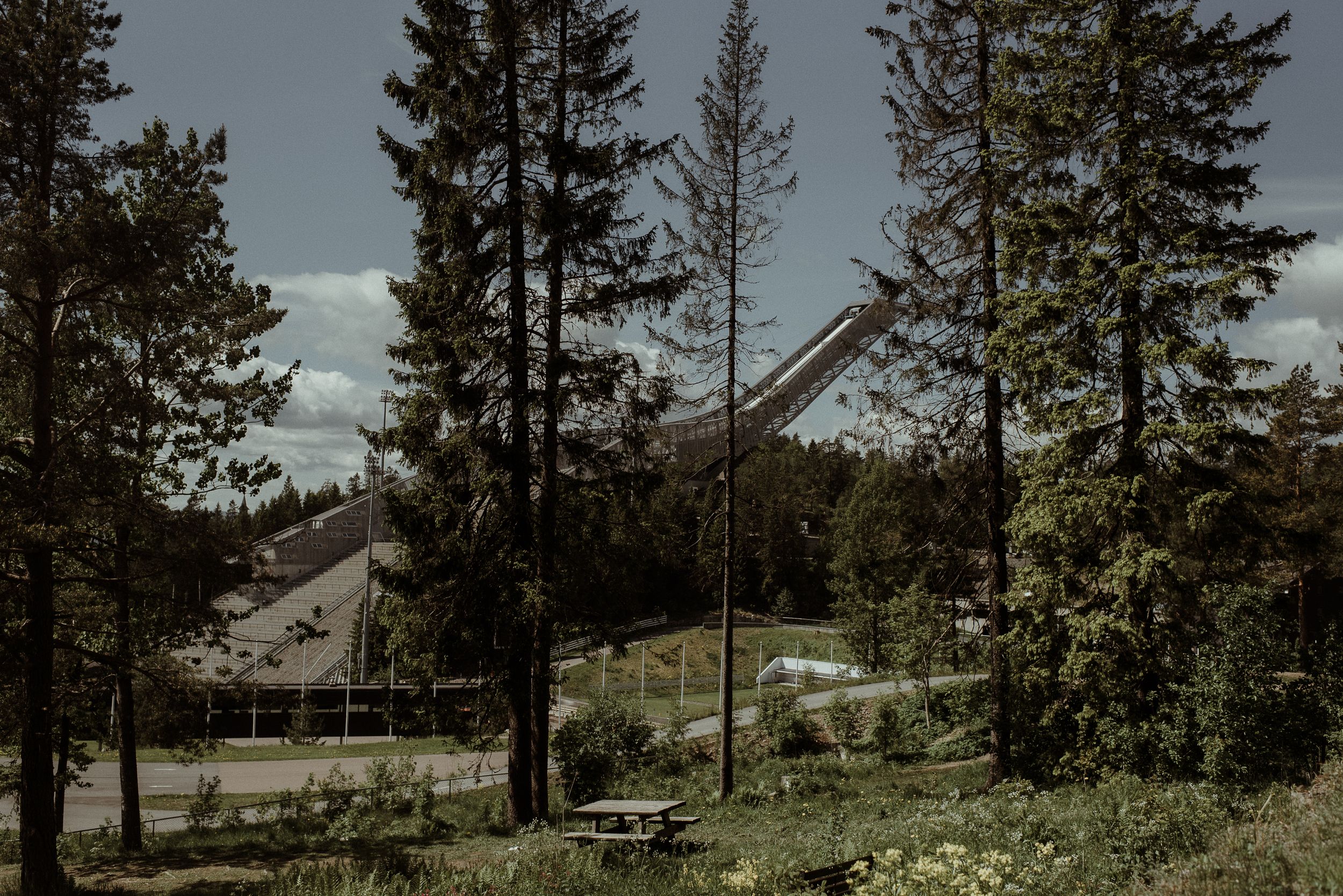 A rustic wooden church nestled among tall pine trees in a mountainous landscape.