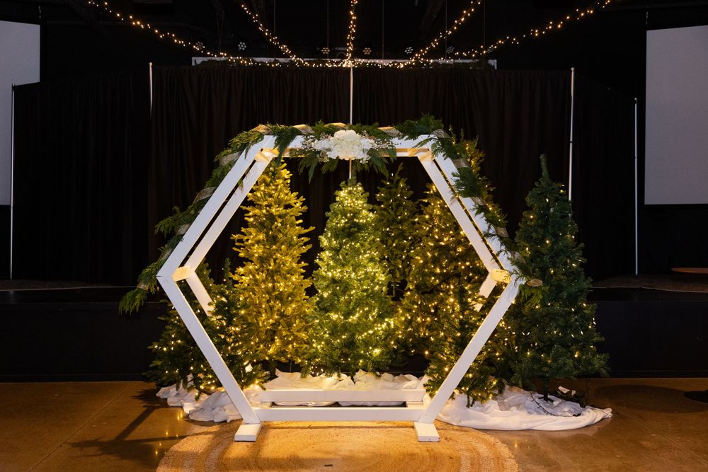 Modern hexagonal wedding arch with Christmas trees and string lights creating a festive ceremony backdrop.