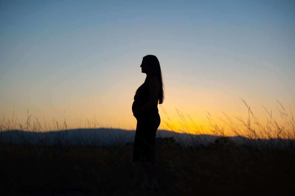 A silhouetted pregnant figure stands in a grassy field against a golden summer sunset.