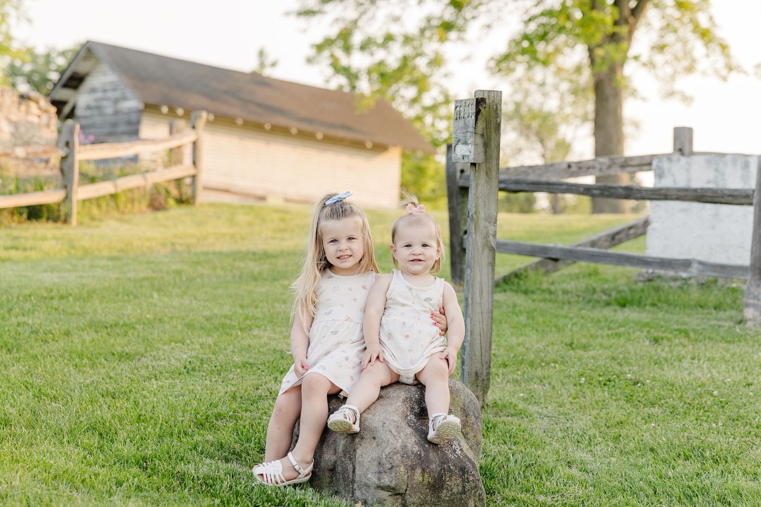 Two young children sitting together on a rustic wooden fence post in a grassy field on a sunny day.