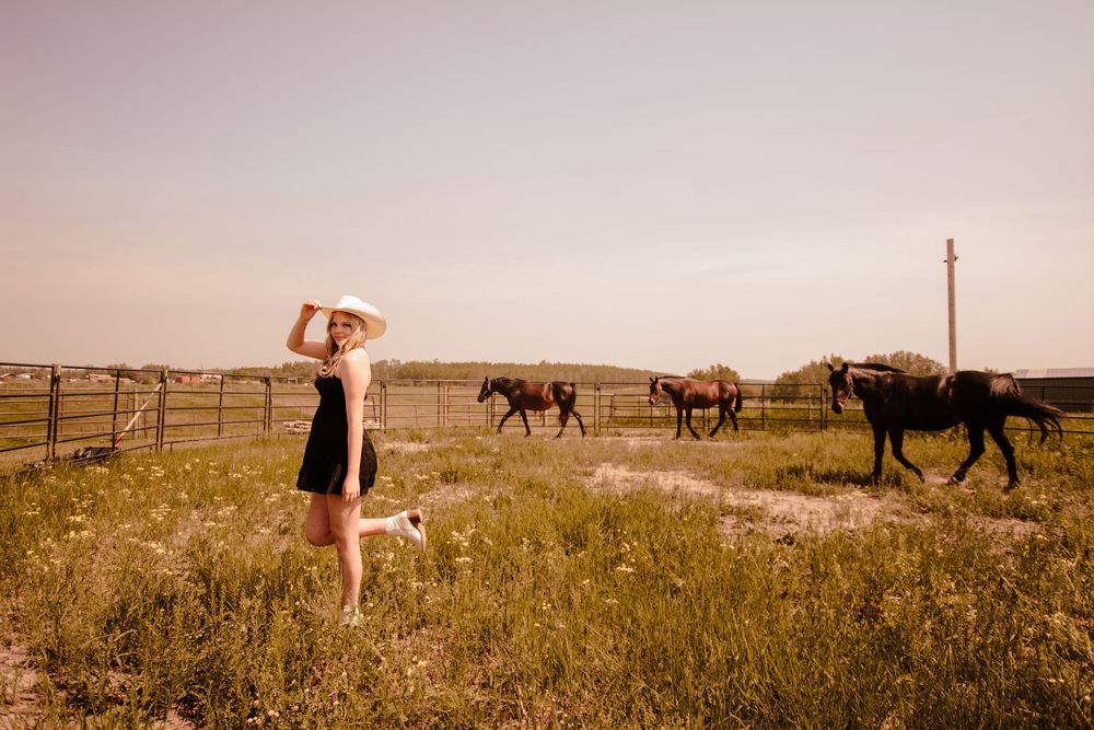 A series of landscape photos showing ranch life with grazing horses and cattle on rolling prairie grasslands at sunset.