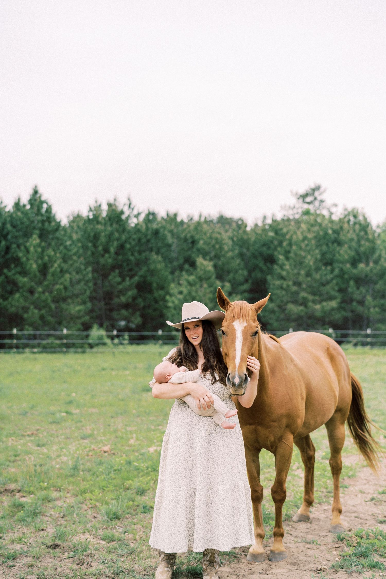 Two light brown horses stand in a fenced pasture while someone in a white dress interacts with them in a pastoral setting.