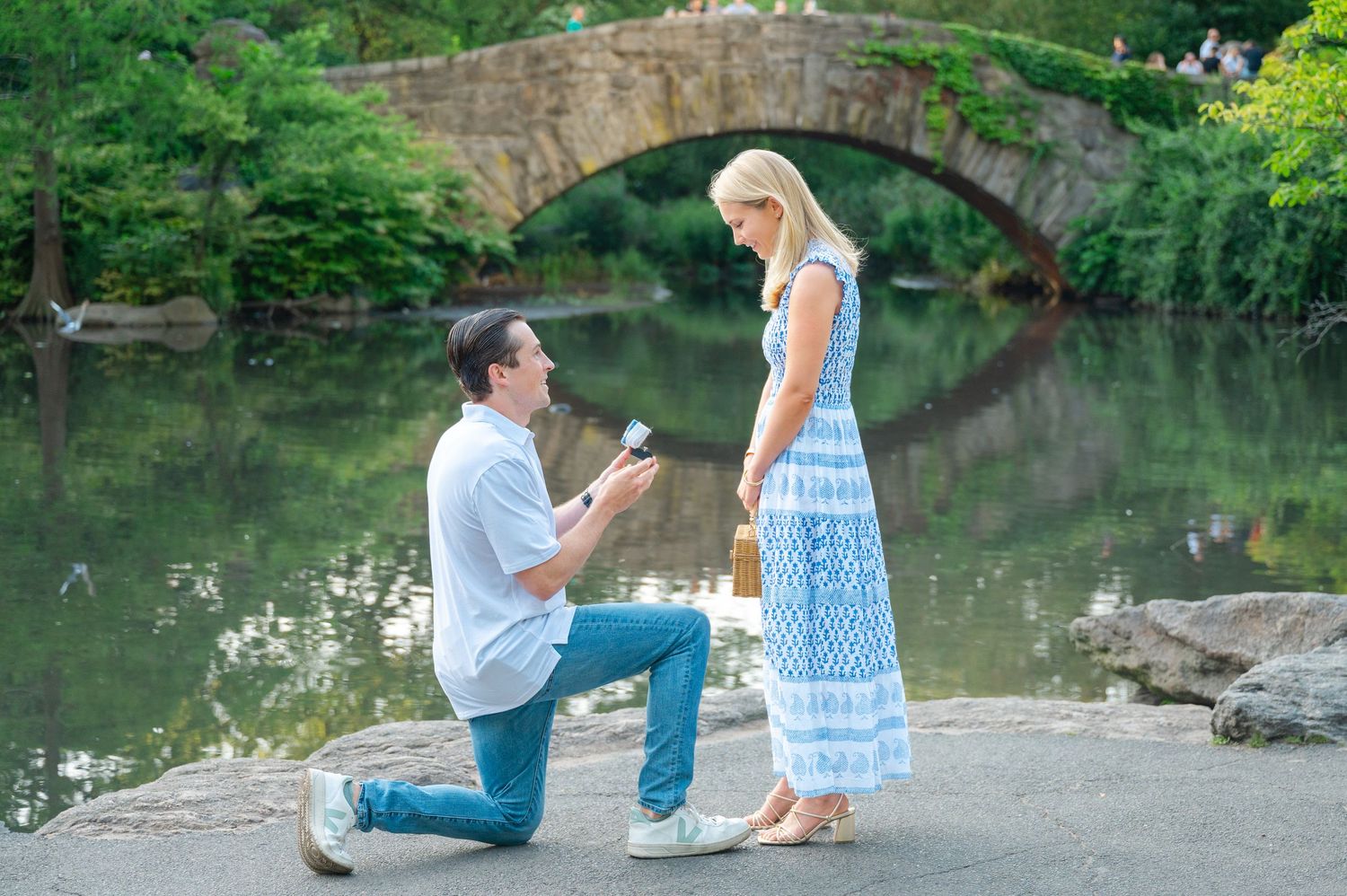 A romantic marriage proposal takes place by a the Gapstow Bridge in Central Park captured by one of the best NYC proposal photographers.