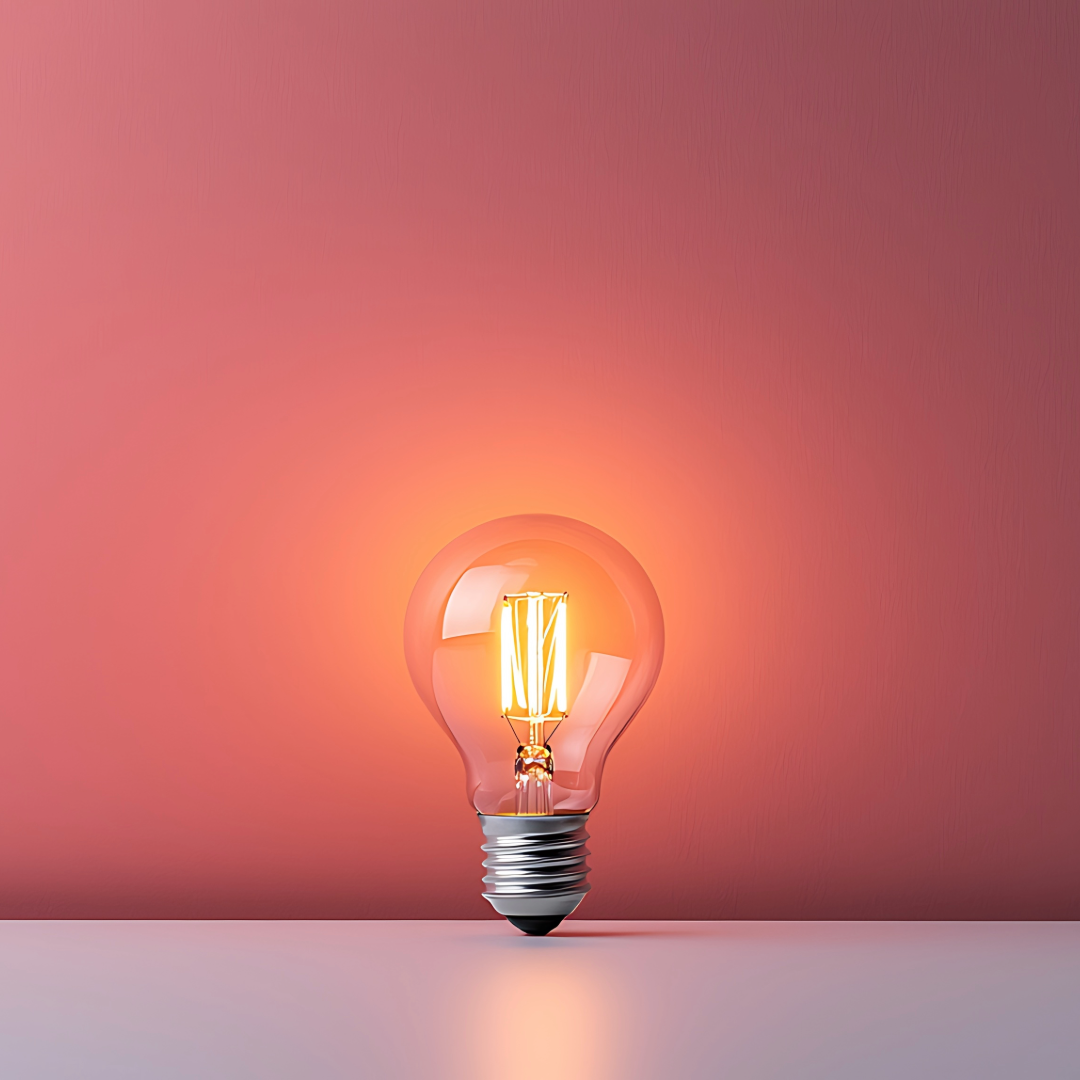 An illuminated vintage light bulb glowing with warm amber light against a soft pink background.