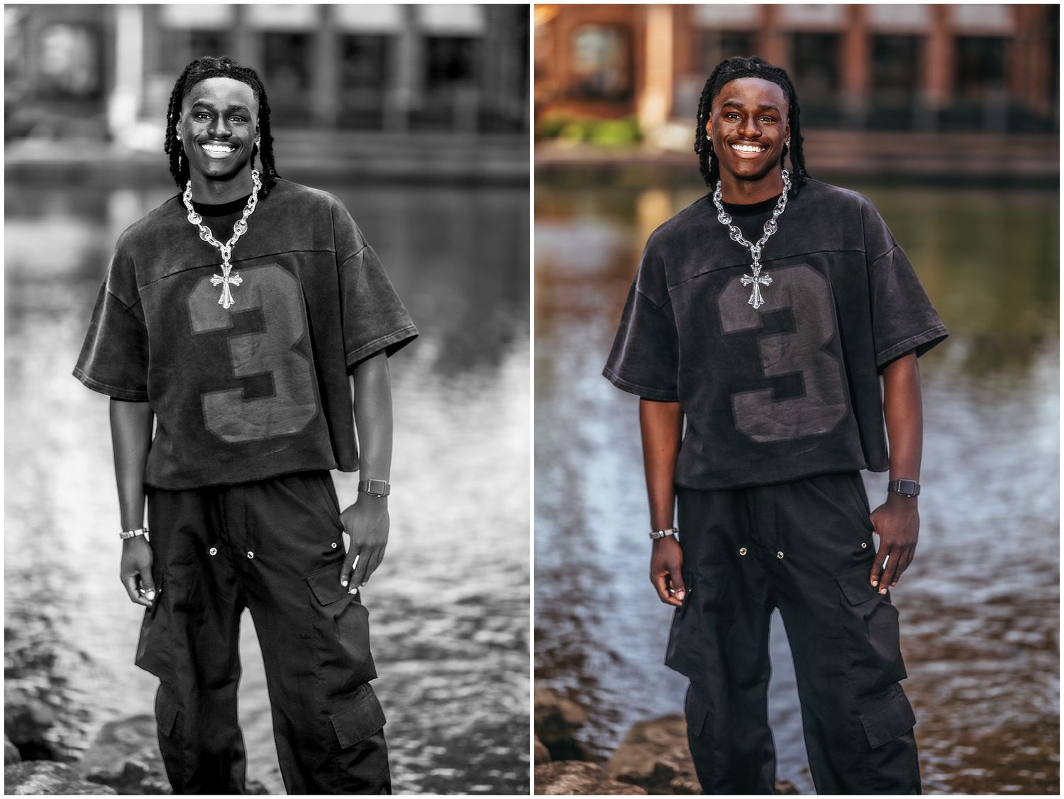 A photo sequence showing someone walking through rising floodwaters wearing black clothing and boots.