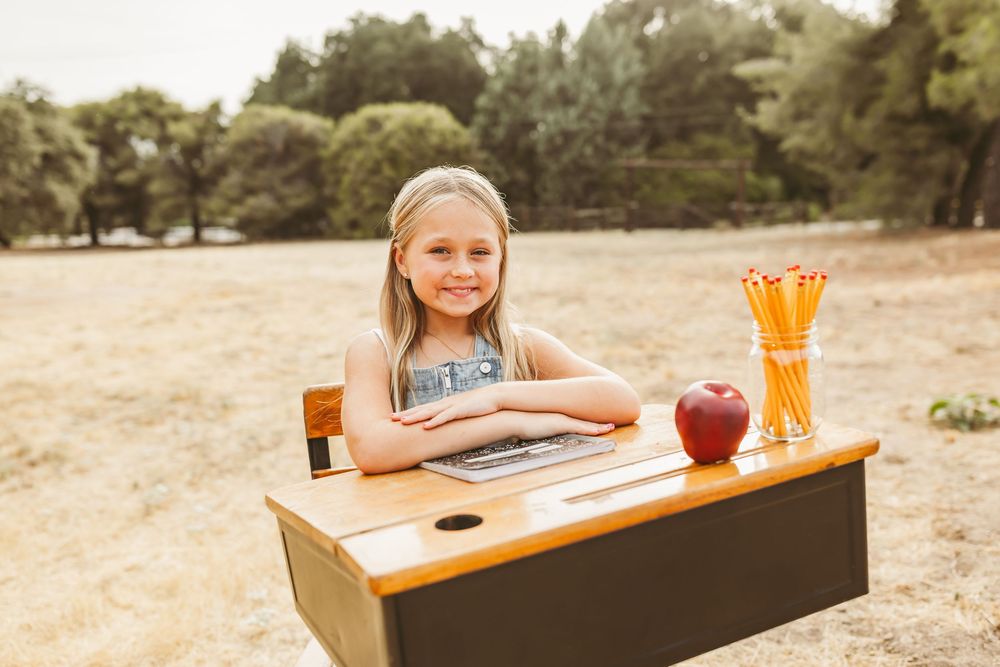 Young student sits at vintage wooden school desk outdoors with books and apple in warm sunlit field.