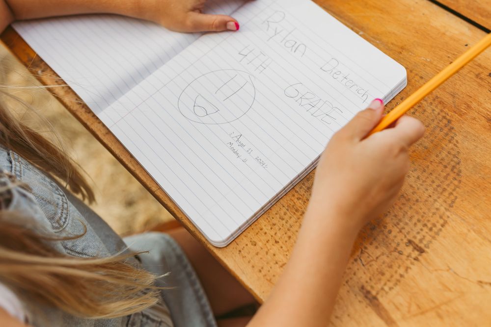 Student doing math homework on notebook with pencil at wooden desk showing equations and geometric shapes.