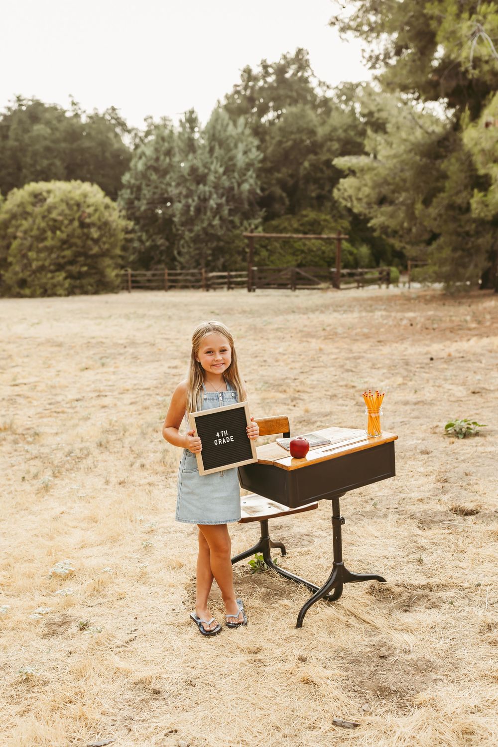 School desk sign mini photo session setup in dry grass field with orange pencil details and wood bench decor.