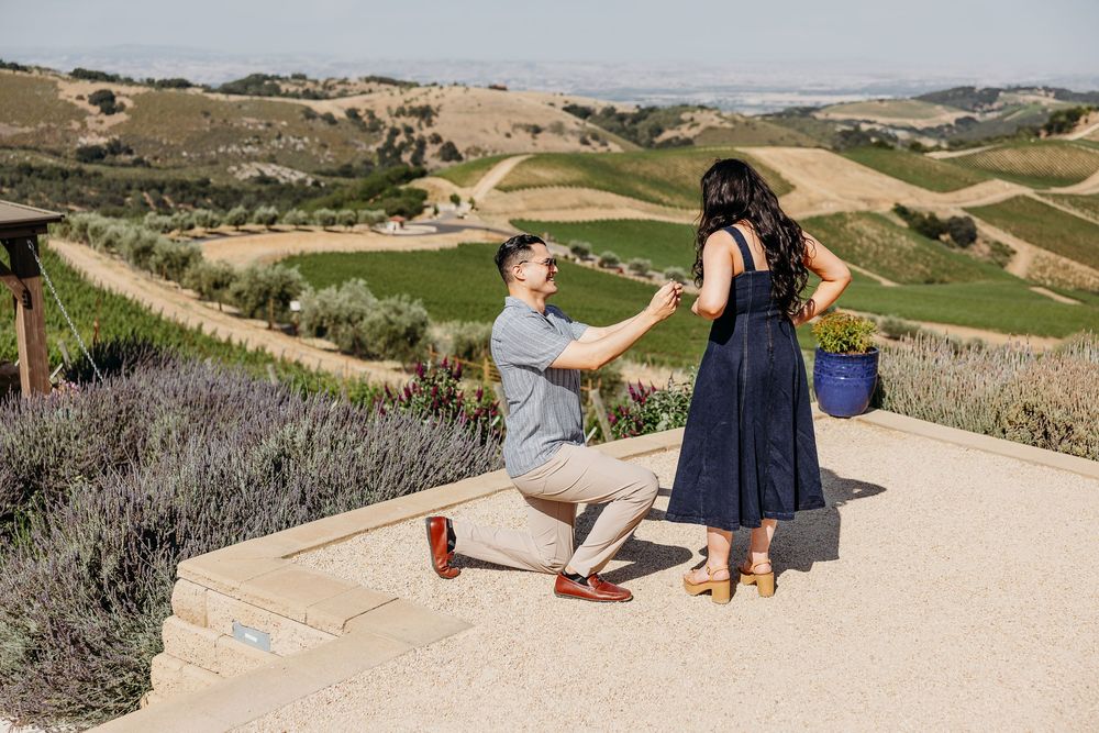 A couple walks along a scenic path overlooking rolling vineyard hills and countryside in California wine country.