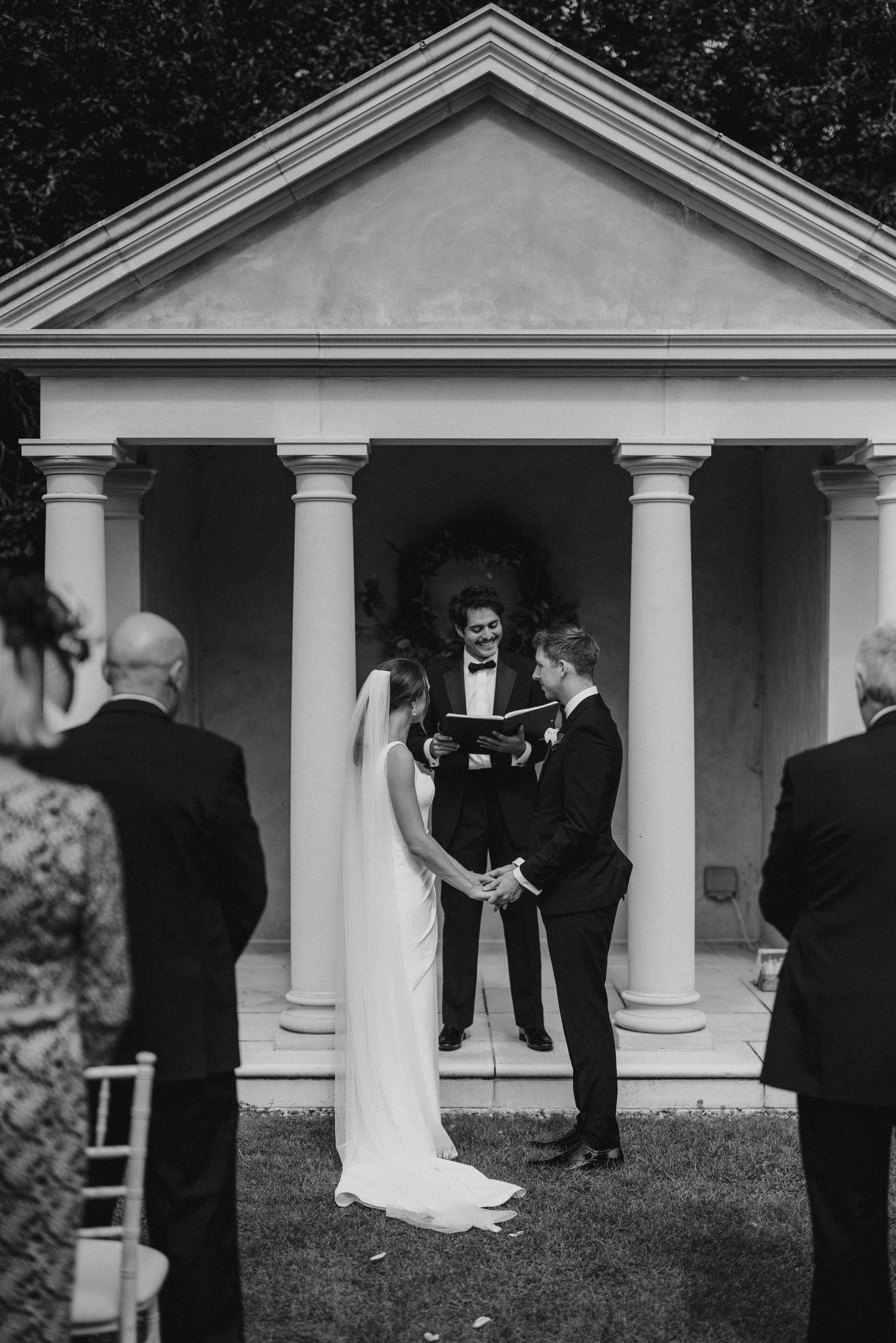 A black and white wedding ceremony taking place at Tickton Grange.