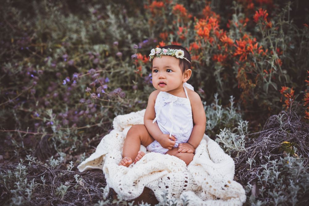 A child in a white lace dress sits among vibrant wildflowers in a natural outdoor setting during a photo shoot.