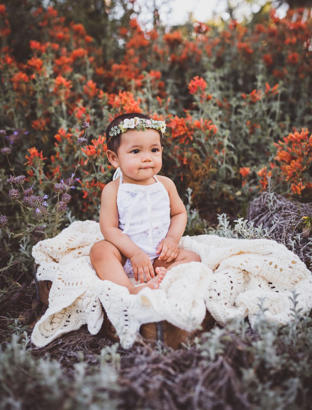 A child in white attire sits on lace fabric surrounded by vibrant red and purple wildflowers.