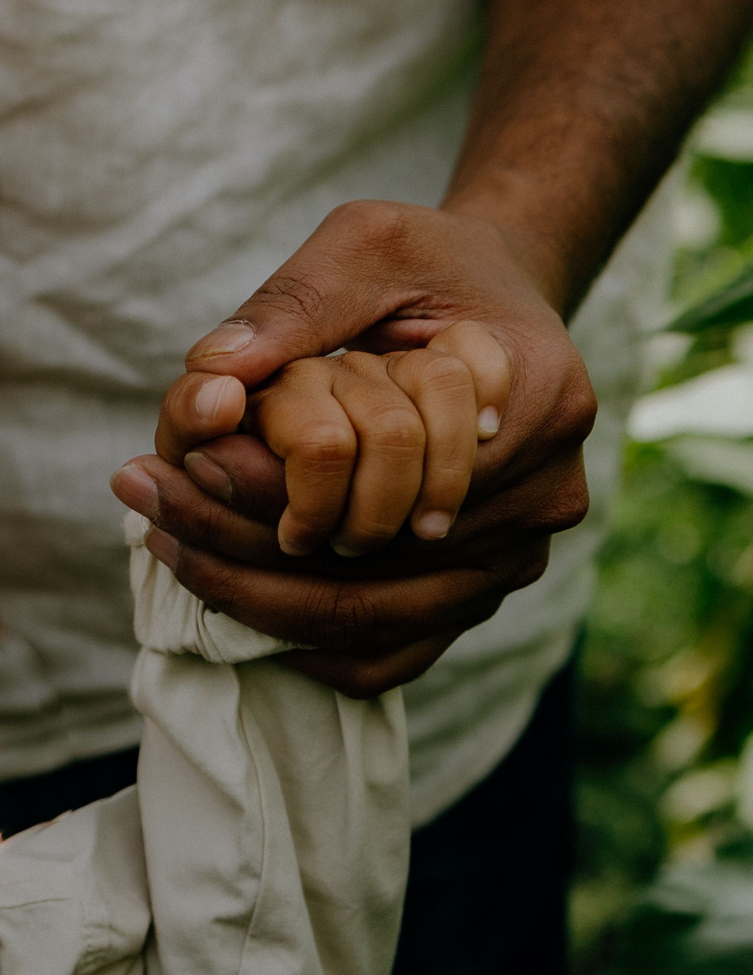 Close-up of clasped hands showing warmth and connection against a blurred natural background.