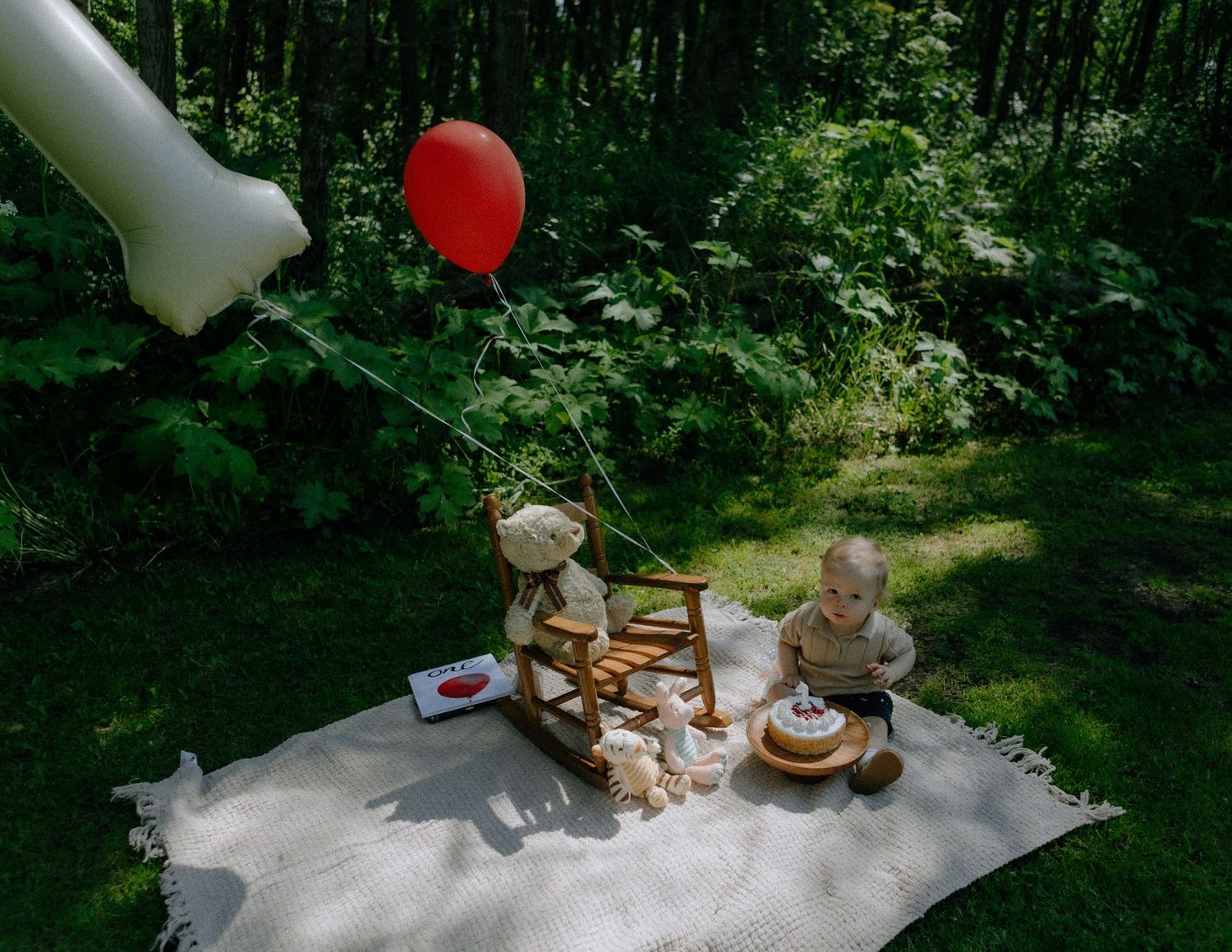 Picnic scene in forest with red balloon, stuffed animals, and cake.