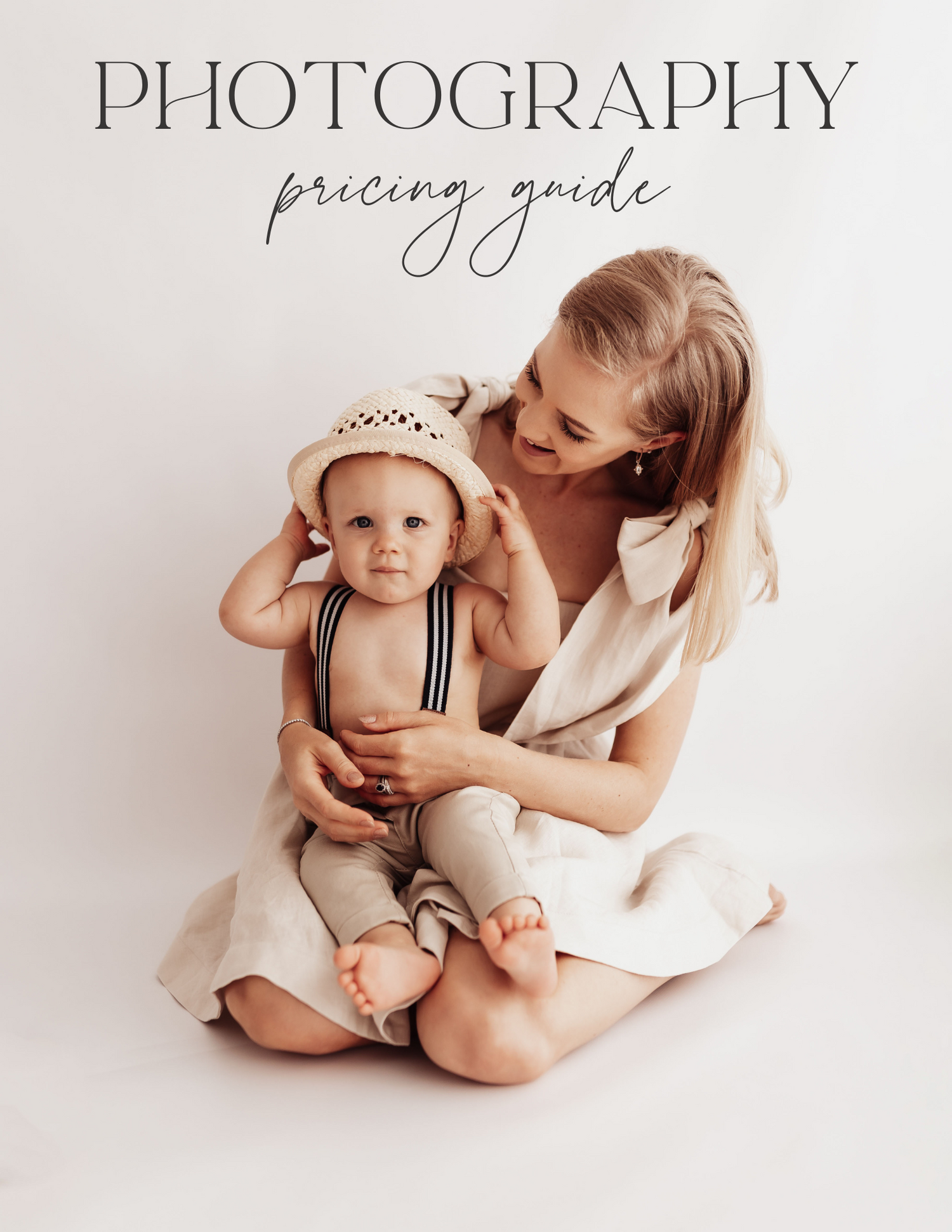 Minimalist photography pricing guide cover featuring warm tones and elegant typography on white background.