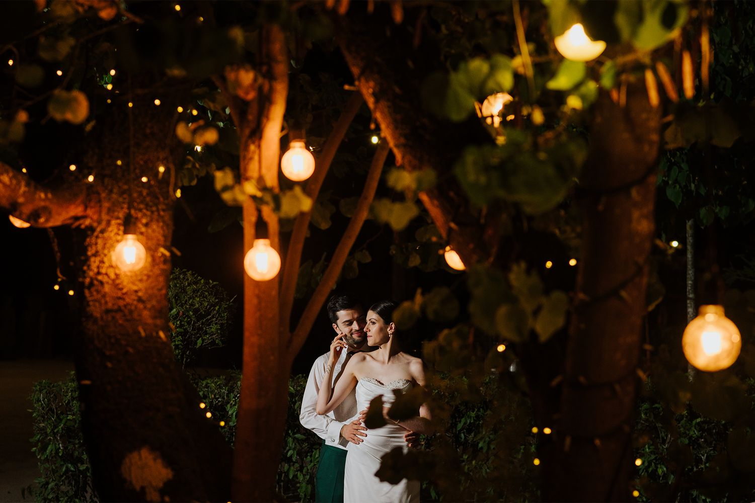 Romantic evening reception with hanging lights illuminating garden setting.