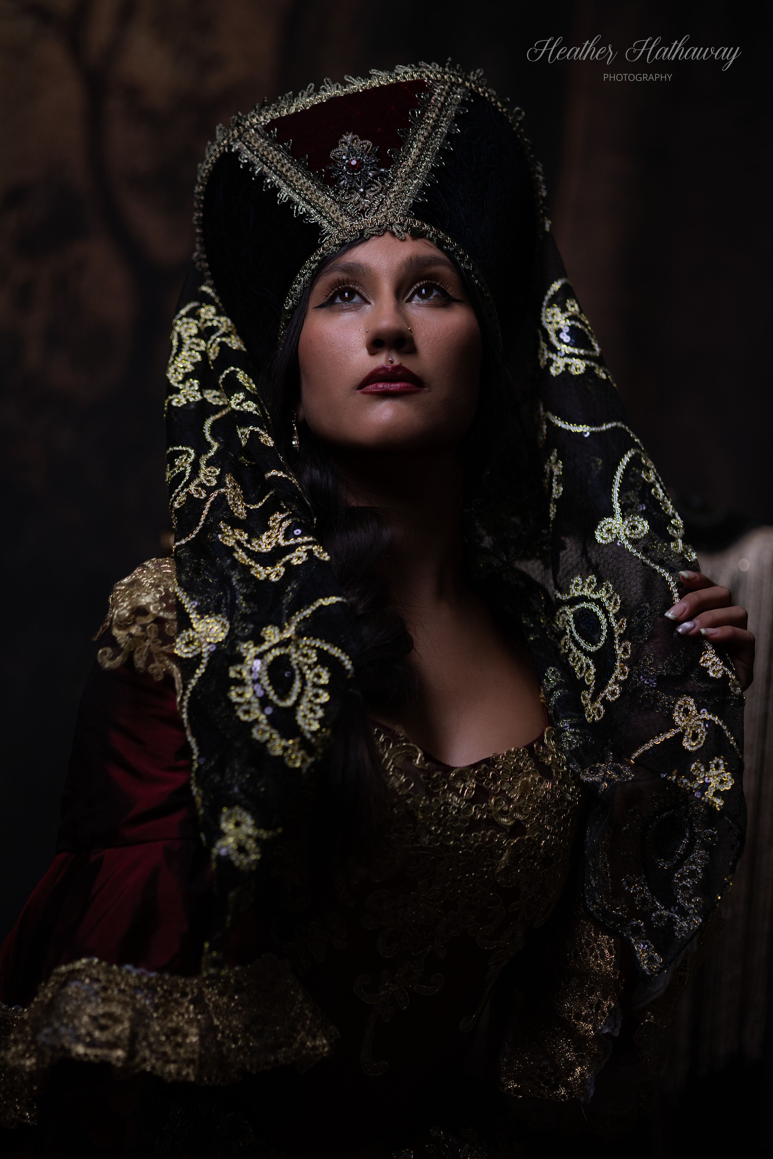 A moody gothic portrait series with dark tones featuring ornate gold embellishments and dramatic styling in a vintage aesthetic.