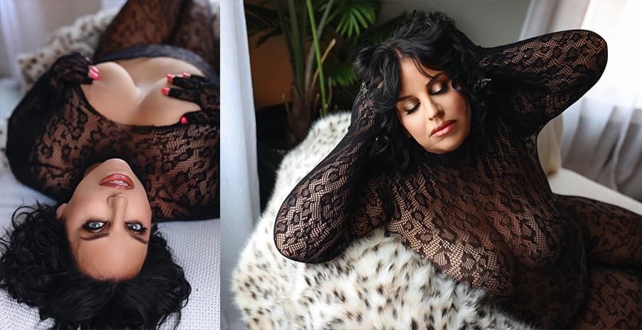 A fashion portrait featuring black lace sleeves and natural curly hair against white bedding.