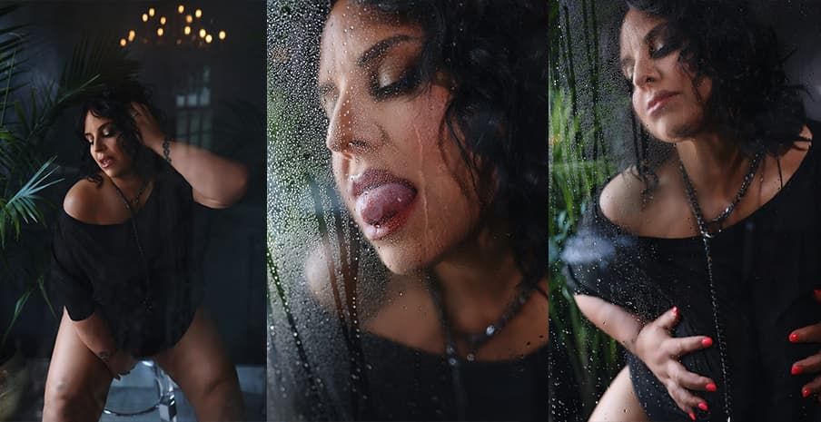 Artistic triptych photo shoot with rain droplets on glass capturing moody portrait poses in dramatic lighting.