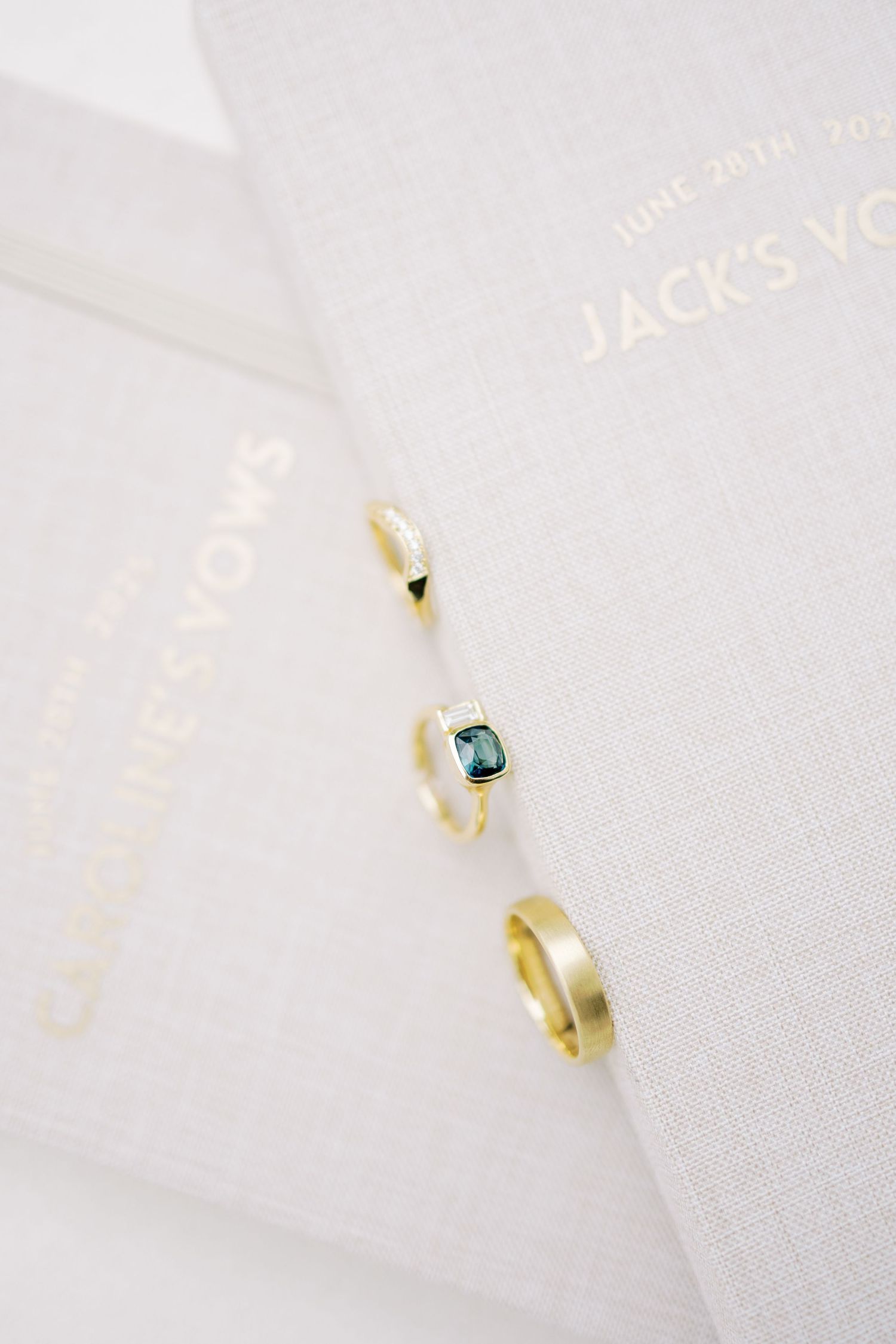 A close-up sequence of a white and gold ring with a small blue gemstone shown from different angles on a light background.