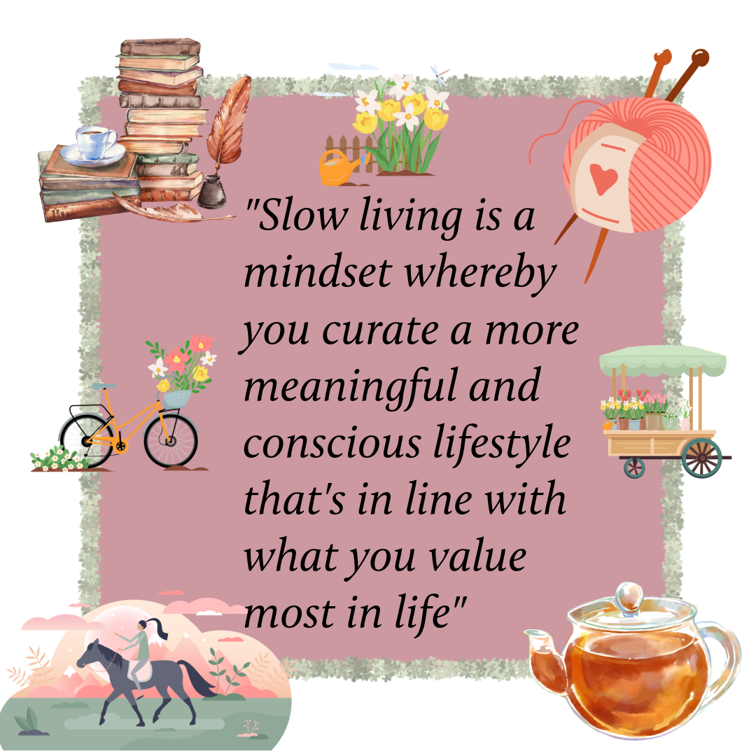 Cozy watercolor illustration featuring coffee, books, radio, cat, breakfast and everyday comforts around an inspirational quote.