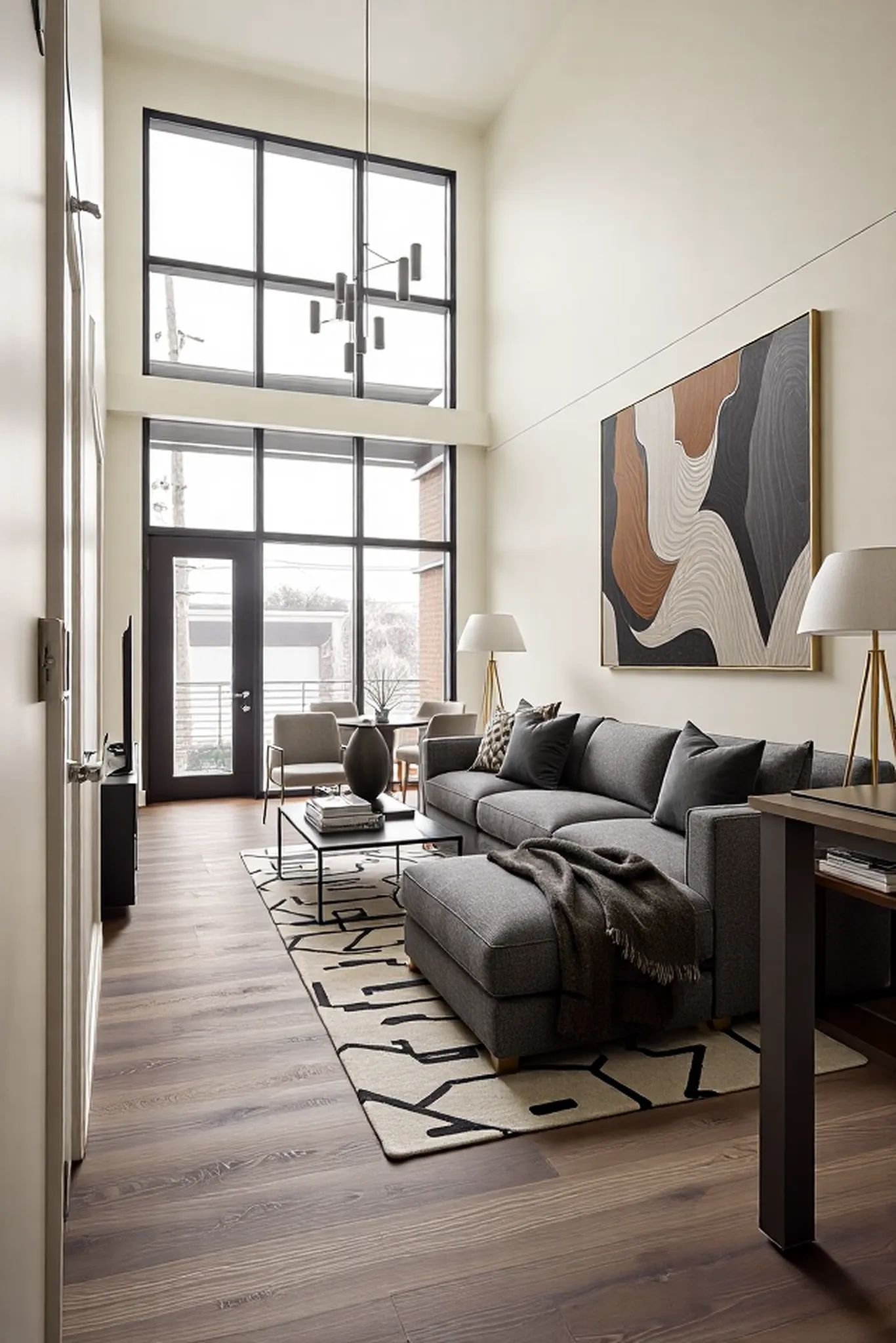 Virtually staged living room with tall ceilings, large modern windows, gray sectional, abstract art, and stylish contemporary decor.
